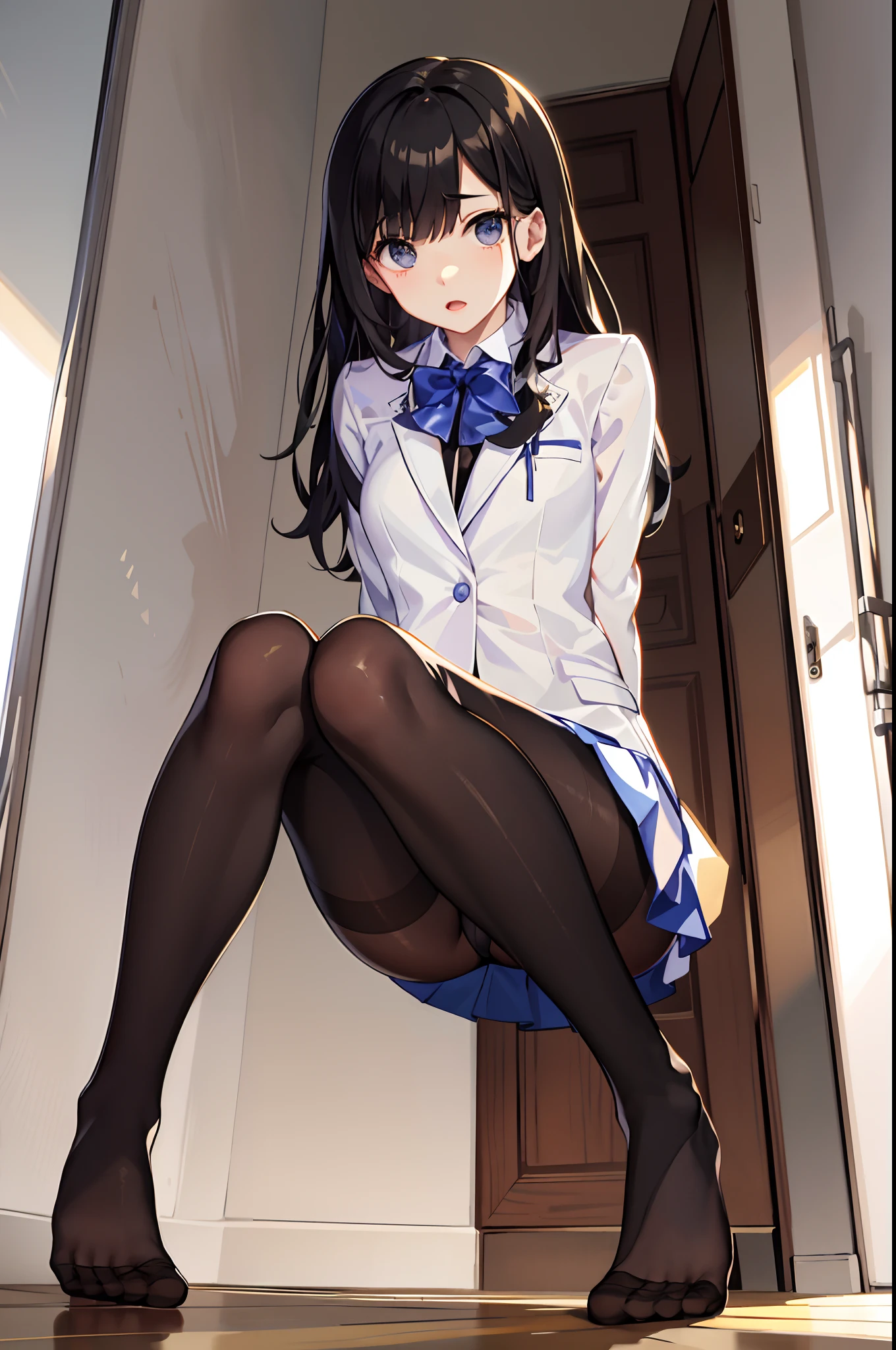 masterpiece、top-quality、best、超A high resolution、intricate-detail、An ultra-fine illustrations、perfect anatomia、Correct anatomy、perfectly proportions、face perfect、perfect hand、perfect leg、perfect fingers、18year old、1人、Full body from head to leg、full bodyesbian、Facing the front、small tits、Composition from below、M-shaped legs、Panchira、Sitting on the floor with bent knees and legs open、Front-facing、Lower body facing forward、Slender feet、Slender thighs、Slim toes、Panchira、Full body portrait、brown haired、Longhaire、Medium long haircut、red blush、slightly open mouth、The pure white bra is visible.、Black_stockings、black transparent stockings、Black stockings、Black pantyhose、Black lace pantyhose、black lence stockings、Black sheer pantyhose、Black transparent pantyhose、No shoes、No shoes on、Pure white panties under black stockings、Pure white underwear、Pure white panties、Underwear、Japanese high school students、Blazer Uniform、Bedrooms、inside the house、during daytime、(small tits)、((full bodyesbian))、masterpiece、(top-quality)