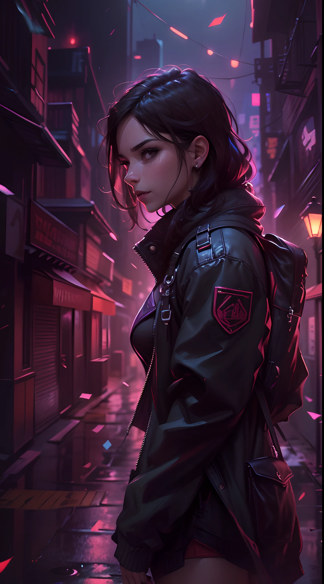 (La mejor calidad,4k,8k,Altas Resoluciones,Obra maestra:1.2),Ultra detallado,(realista,fotorrealista,fotorrealista:1.37),retrato,Ciencia,Erza Scarlet con pelirrojo, brown eyes, Cola de caballo, Cabello largo, cinta blanca, Cabello en un ojo, pecho grande y redondo, Traje casual, Traje oscuro, Estilo cyberpunk, Capa negra, capa, bata abierta, accesorios, Mochila con mochila, Ropa ligera, leve sonrisa, ojos oscuros, ciudad en el fondo, Estilo de arte anime, Ultra HD, Calidad de papel tapiz 8K, Noche de fondo de la ciudad, (Obra maestra, La mejor calidad, muy detallado, Las mejores sombras), (Antecedentes detallados,DarkFantasy), (Hermosos detalles de la cara), alto contraste, (the best lighting, muy suave y hermoso), ((cinematiclight)), a todo color, muy detallado , dramatic light, Detalles intrincados, (1 mujer, solamente, Pelo rojo, Estilo de accesorios, brown eyes, Dynamic angles, 30 years old, Muy detallado, Arte Oficial, Unidad 8K Fondo de pantalla, Contrass llamativos, Arte conceptual, Vista desde el frente, Mirando al espectador, Cuerpo frente al espectador, cuerpo completo