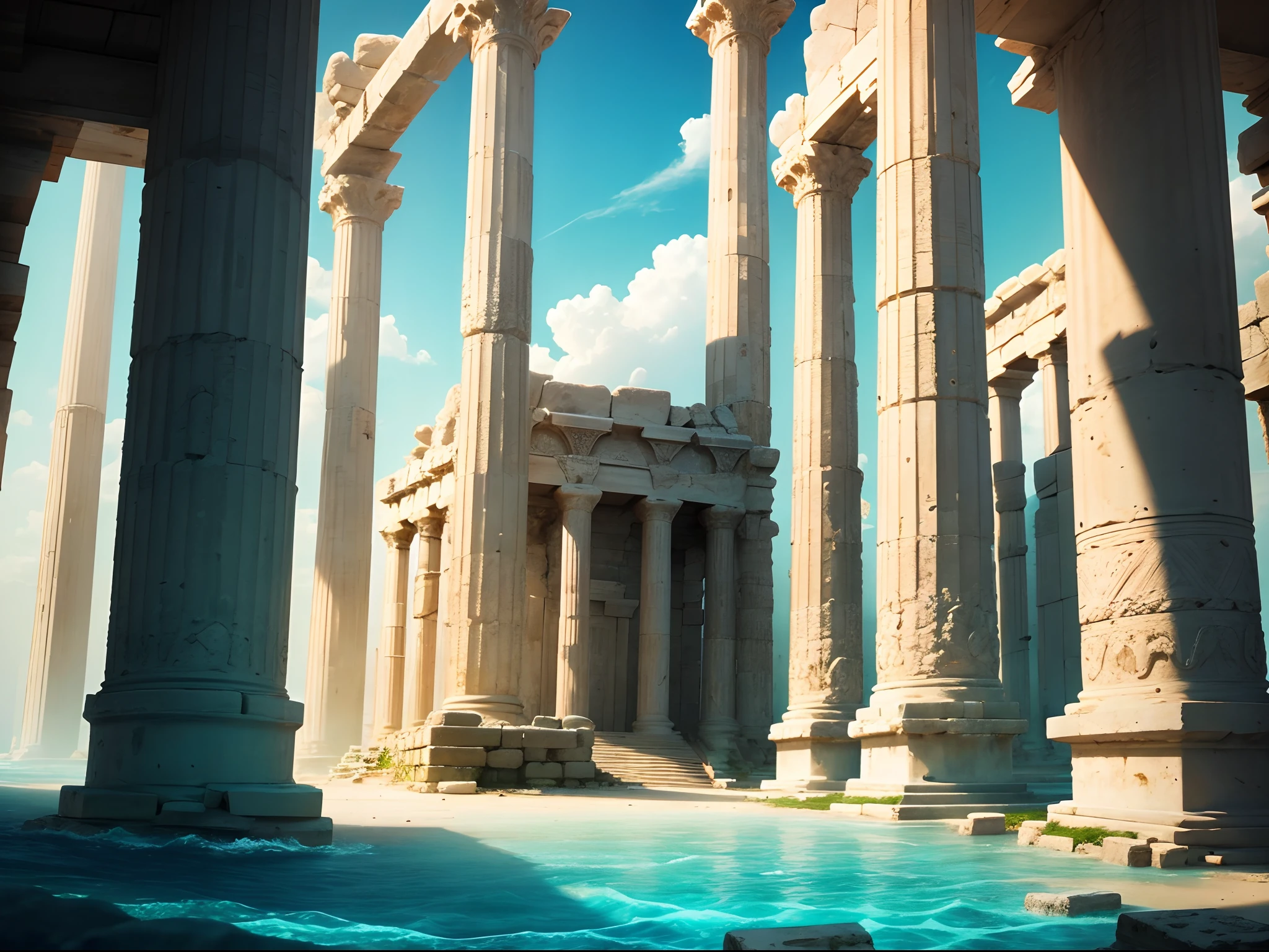 temple of poseidon, atlantis, underwater city ruin, (masterpiece, best quality), best resolution