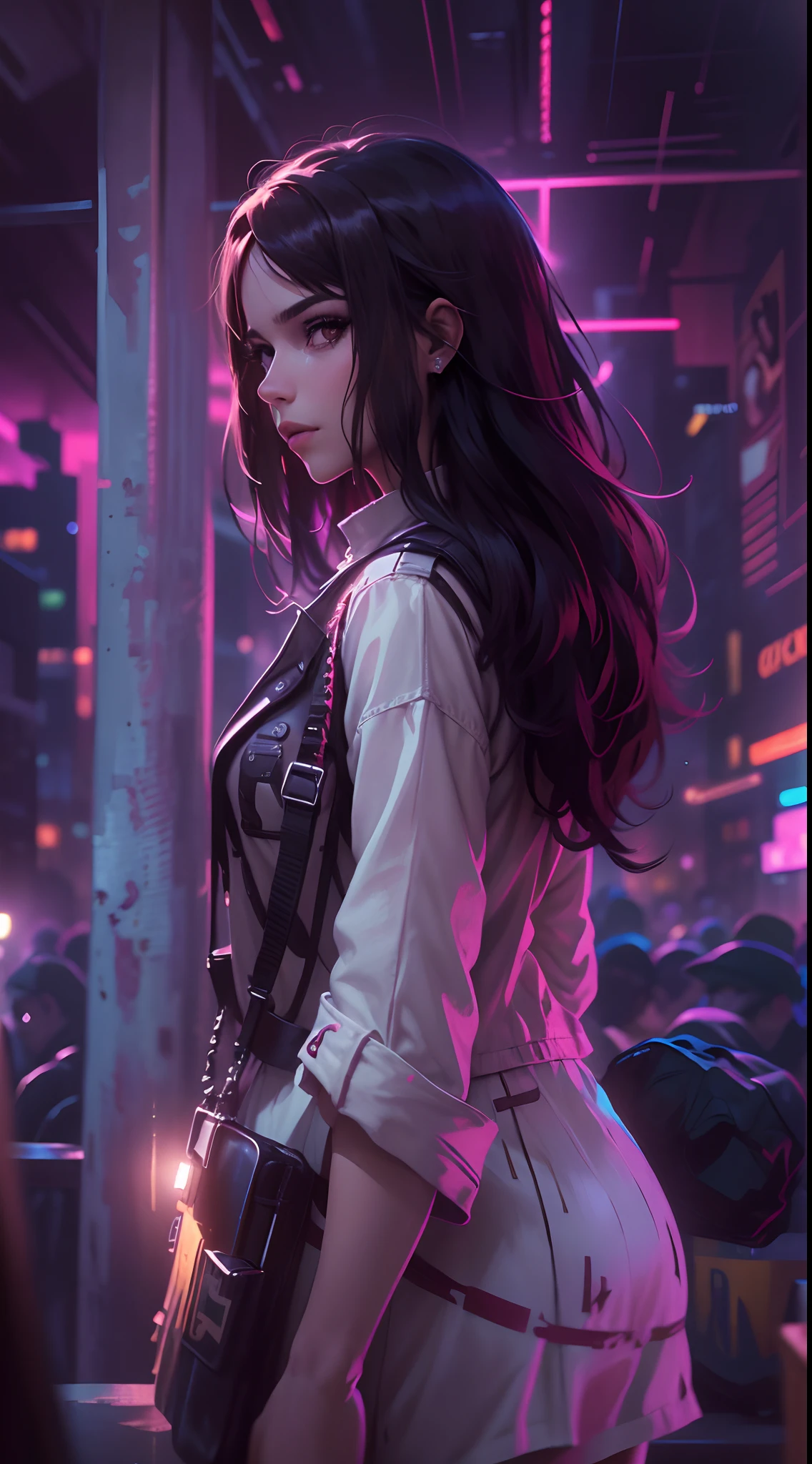(La mejor calidad,4k,8k,Altas Resoluciones,Obra maestra:1.2),Ultra detallado,(realista,fotorrealista,fotorrealista:1.37),retrato,Ciencia,Erza Scarlet con pelirrojo, brown eyes, Cola de caballo, Cabello largo, cinta blanca, Cabello en un ojo, pecho grande y redondo, Traje casual, Traje oscuro, Estilo cyberpunk, Capa negra, capa, bata abierta, accesorios, Mochila con mochila, Ropa ligera, leve sonrisa, ojos oscuros, ciudad en el fondo, Estilo de arte anime, Ultra HD, Calidad de papel tapiz 8K, Noche de fondo de la ciudad, (Obra maestra, La mejor calidad, muy detallado, Las mejores sombras), (Antecedentes detallados,DarkFantasy), (Hermosos detalles de la cara), alto contraste, (the best lighting, muy suave y hermoso), ((cinematiclight)), a todo color, muy detallado , dramatic light, Detalles intrincados, (1 mujer, solamente, Pelo rojo, Estilo de accesorios, brown eyes, Dynamic angles, 30 years old, Muy detallado, Arte Oficial, Unidad 8K Fondo de pantalla, Contrass llamativos, Arte conceptual, Vista desde el frente, Mirando al espectador, Cuerpo frente al espectador, cuerpo completo