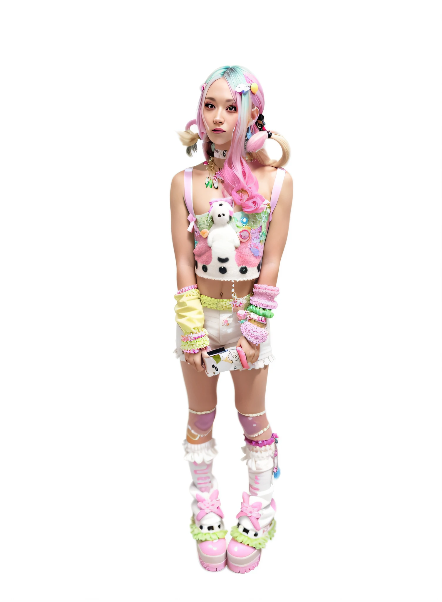 Close-up of a man with pink hair and clothes, kawaii decora rainbowcore, decora inspired, and 2K cute clown core, Beautiful and detailed Delphine, full armour,Wear matching clothing, anime vtuber full body model, complete body image, fully body photo, dollpunk, Live2D virtual Youku main model, candy girl, fully body photo.
(Best quality,4K,8K,A high resolution,Masterpiece:1.2), Ultra-detailed, (Realistic, Photorealistic, photo-realistic:1.37), hdr, hyper HD, Studio lighting, Ultra-fine painting, Sharp focus, Physically-based rendering, Extreme detail description, professional, Vivid colors, Bokeh.
sportrait, Creative photography, Vibrant colors, soft aesthetic, Fantastical Atmosphere, and soft lighting.