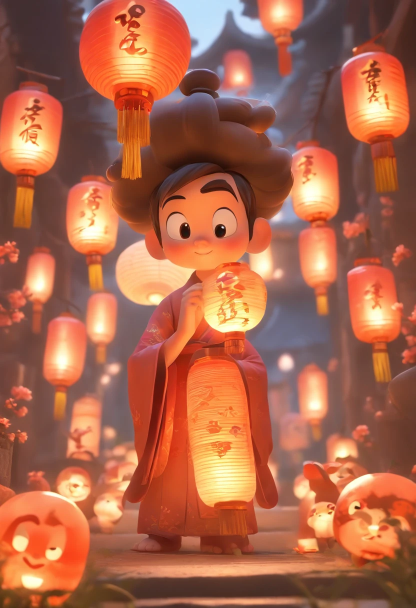 mid-autumn festival,and 1 5--old playing lanterns ,A cute fairy dressed in ancient Chinese clothes,Playing with a rabbit next to a girl,Moon cake,Auspicious clouds,Behind the huge moon,a warm color palette,Abstract screen,ultra-realistic realism,pixar-style,3d effect,Disney style,Clear contour light,rim-light,fanciful,spotlight lights