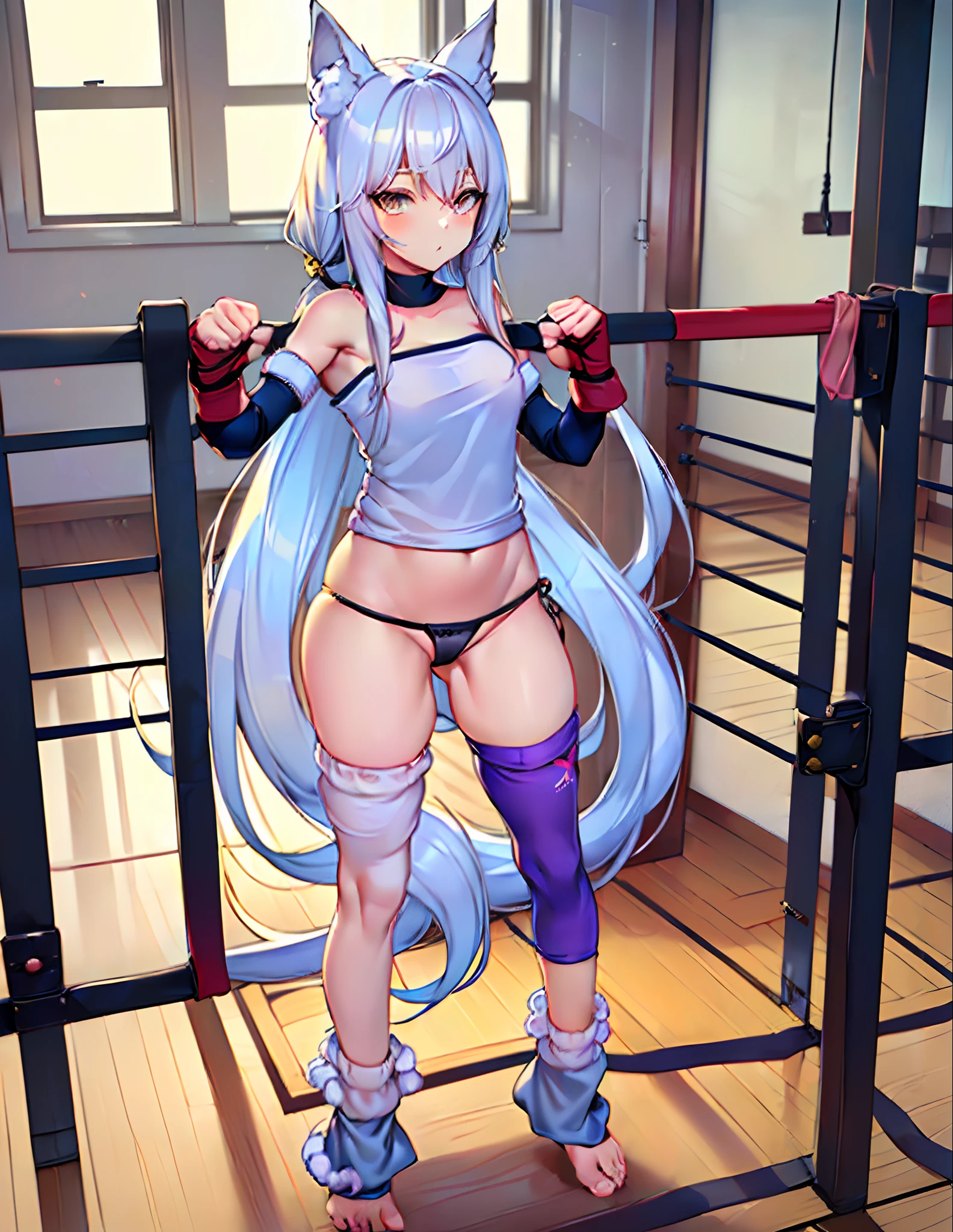 ((fox girl)), ((full body)), ((Standing pose)), ((((((very baggy and long cotton leg warmers)))))), ((bare feet)), ((strapless gym top)), ((tiny thong)), (((martial fighting gloves))), ((fully detailed))