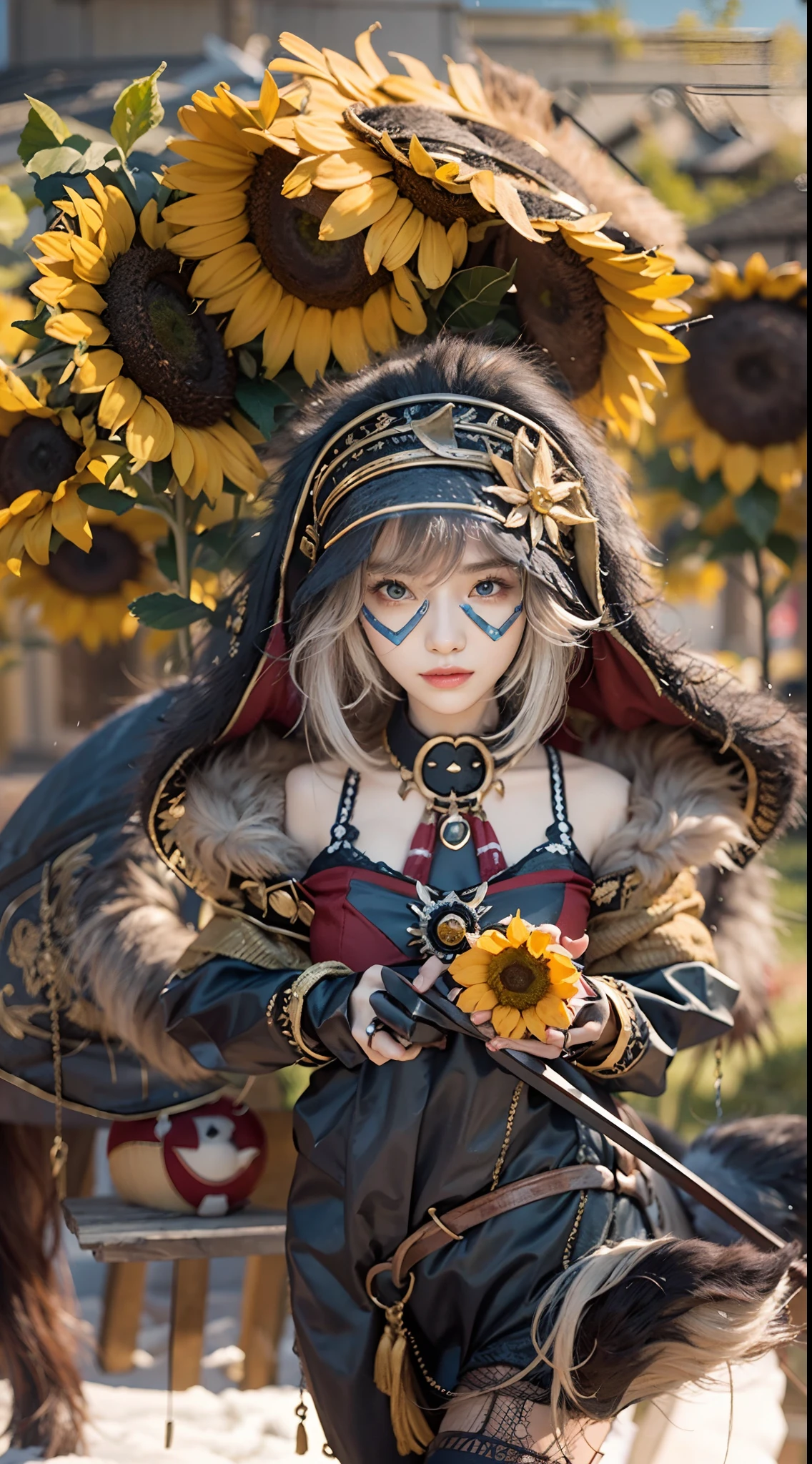 In a very grand scene，The extra-large wide-angle lens captures the appearance of a female centaur。She is a Sunflower Worship nun，Always opposed（Healing emoji smiley face of knitted sunflower puppet😊：99.99）DOA。She is tall，It has the ultimate curvy beauty，The muscles are slender and firm，Beautiful lines。She has（Super huge sky blue eyes：99.99）、always（Wearing sexy glasses：6.66）、（She wears solemn nun attire：9.9）、Stepping on a boot-style skyscraper-heel、A pink cross hangs on his chest。Use Midjourney's advanced tools，Designed for female centaurs（A knitted sunflower puppet and create a super healing cartoon smiley face in the center of the flower tray as a decoration：9.9），and noble and solemn nun costumes，and highlight her unique physiological characteristics and appearance details，Add realism。And in the context of her prayers and listening to confessions，Spectacular views of nature，Such as the sky where storms and sunny days alternate、Brilliant rivers of stars and auroras、The snow-capped summit of Mount Everest、Fireworks in the mountain town, etc。ao mesmo tempo，Away from the hustle and bustle next to the chapel，Create a fantastic scene。Use Midjourney's advanced tools and multiple color palettes、Brush Strokes、Texture tools and model packages，It shows a sense of atmosphere where beauty and charm coexist。The charm of the female centaur is highlighted through color and lines，Enhance realism with detailing，Create a surreal dreamy feeling。Additionally，Use Midjourney's tools to add various exorcism props and books to the female centaur、pergaminhos，Create intricate hairstyles and outfits，Give her a sense of premium。She never flinches，No matter what monster you encounter，can respond quickly，Even the most extreme armies of natural disasters and monsters could not stop her and her front（Sunflower with Tyndall effect that emits sunlight9.99）。Use Midjourney's powerful tools，You can do it with incredible detail and beauty，Bring this ultra-grand and beautiful scene to life。Ultra-grand sc