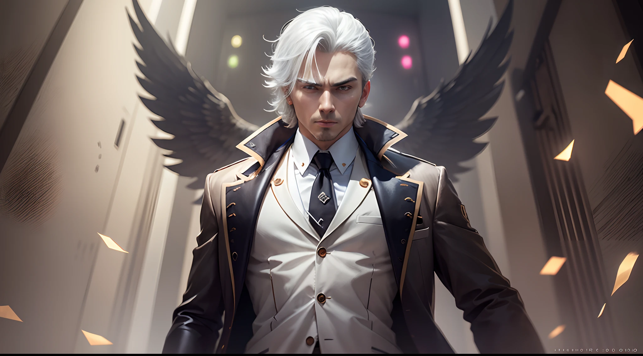 One picture, quadratic element, A mafia, god father, Handsome, overbearing, Murderous, with a pure white background, image size 1280×720, Show off your upper body and facial expressions, Height 175cm, The background is clean, The person is fully displayed in the picture, It accounts for a quarter of the proportion of the picture, evil, jitome, Cinematic lighting, Anime style, god rays, Masterpiece