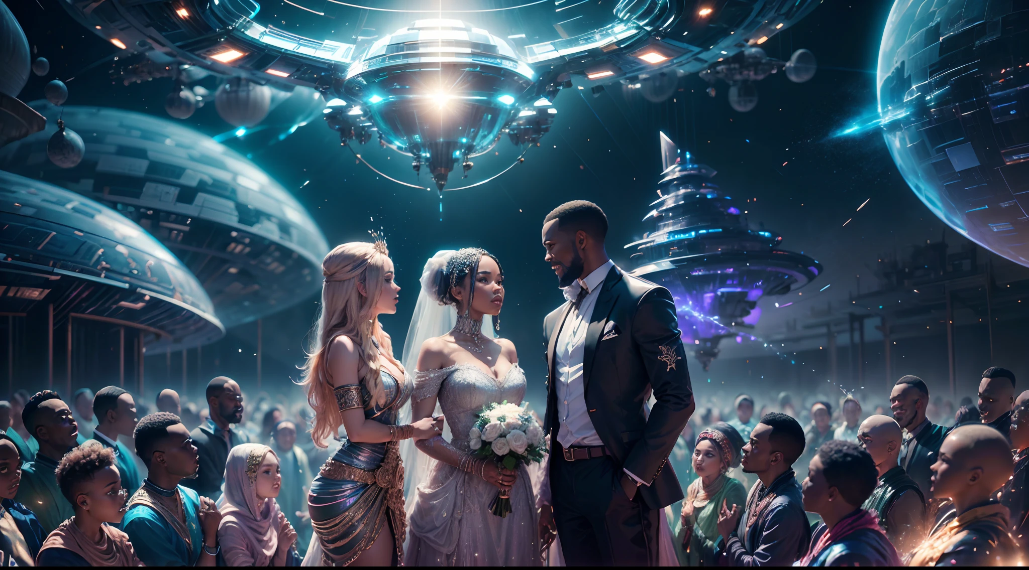 Happy African man marrying African woman both wearing African designed clothes, marriage ceremony on an futuristic african designed spaceship, surrounded by a celebrating congregation all in african designed clothes, African designed drones above them spraying shinning particles in air, african designed spaceship full of African designed instruments, african designed sculptures, pots, night time, moon and stars shining, with iridescent light, photorealistic image, 32k, ultra HD, cinematic lighting, artgerm style, --auto --s2