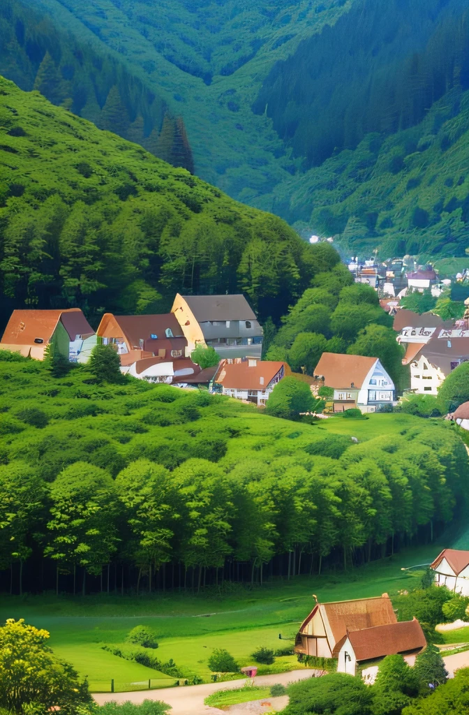 A charming village nestled in a lush, green forest. realistic and vibrant and colorful