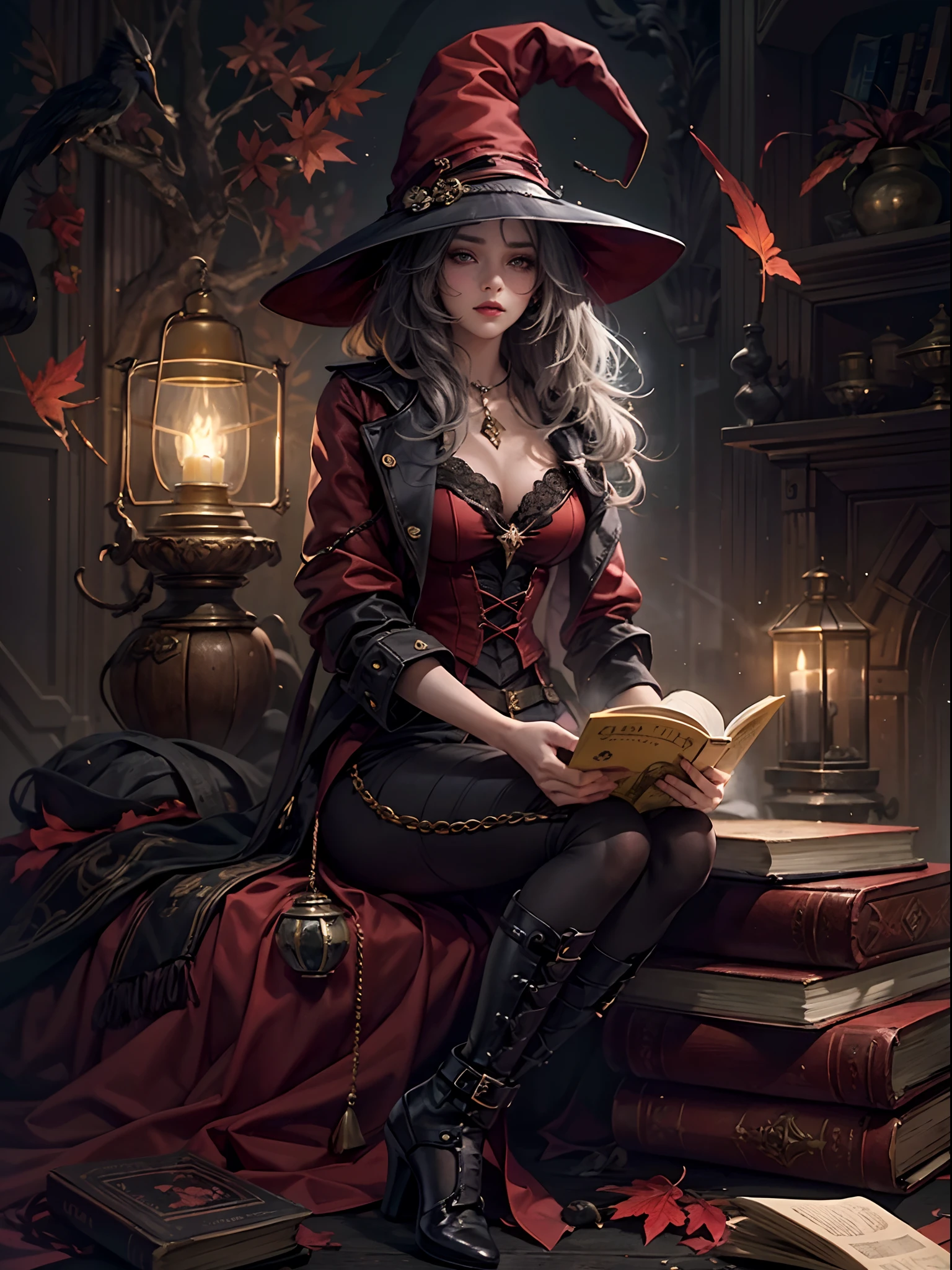 She was a cute girl with a fashionable witch style. She wore a dark-red outfit that looked like a combination of leather and fabric. Her clothes were very beautiful with intricate ornaments with autumn nuances. She had a witch hat that matched her outfit, with a silver buckle and a feather. Her hair was curly and silver, shining in the dim light. Her makeup was slightly gothic, with runic symbols on her cheeks and eyelids. She was sitting on a thick pile of books, reading one of them with interest. She looked at the book and carried a lantern for illumination, in a dark room. The lantern was the only source of light, casting shadows on the walls. The room was filled with books, scrolls, candles, and other mysterious objects. The air was misty and dark, creating a fantasy, mystical, mystery, and dreamy atmosphere. She looked like she was lost in her own world, a world of magic and wonder.