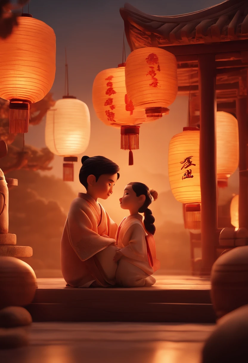 mid-autumn festival,and 1 5-year-old boy playing lanterns ,A cute fairy dressed in ancient Chinese clothes,Playing with a rabbit next to a girl,Moon cake,Auspicious clouds,Behind the huge moon,a warm color palette,Abstract screen,ultra-realistic realism,pixar-style,3d effect,Disney style,Clear contour light,rim-light,fanciful,spotlight lights