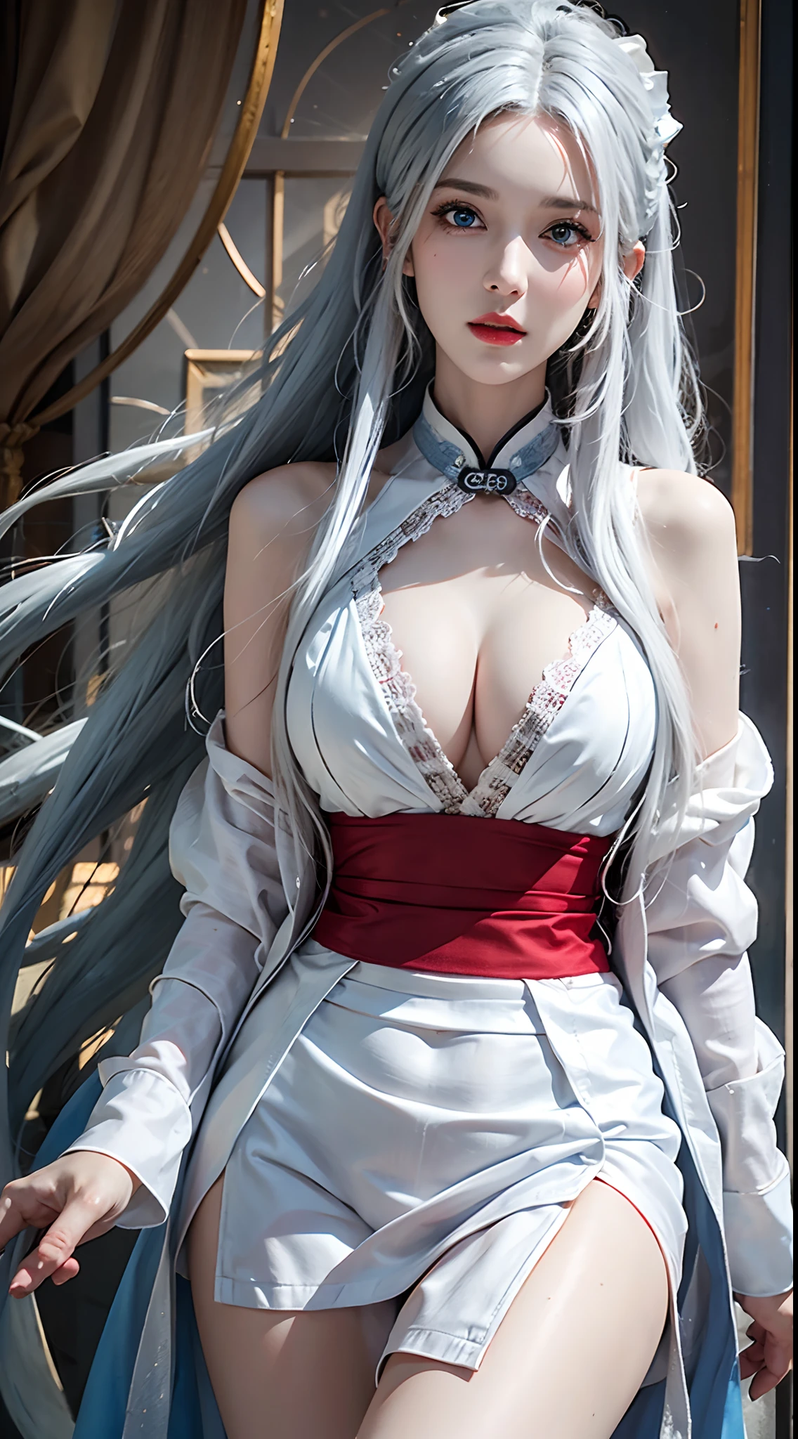 photorealistic, high resolution, soft lights, 1women, solo, hips up, blue eyes, white hair, long hair, blue eyes, red lips, jewelry, hanfu