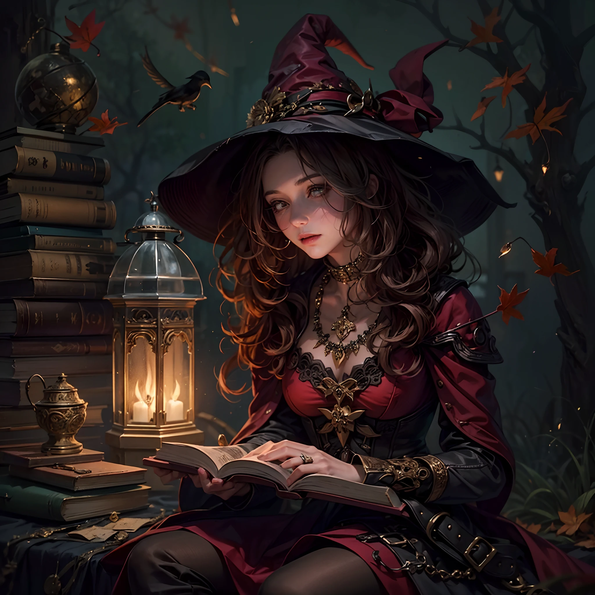 She was a cute girl with a fashionable witch style. She wore a dark-red outfit that looked like a combination of leather and fabric. Her clothes were very beautiful with intricate ornaments with autumn nuances. She had a witch hat that matched her outfit, with a silver buckle and a feather. Her hair was curly and silver, shining in the dim light. Her makeup was slightly gothic, with runic symbols on her cheeks and eyelids. She was sitting on a thick pile of books, reading one of them with interest. She looked at the book and carried a lantern for illumination, in a dark room. The lantern was the only source of light, casting shadows on the walls. The room was filled with books, scrolls, candles, and other mysterious objects. The air was misty and dark, creating a fantasy, mystical, mystery, and dreamy atmosphere. She looked like she was lost in her own world, a world of magic and wonder.