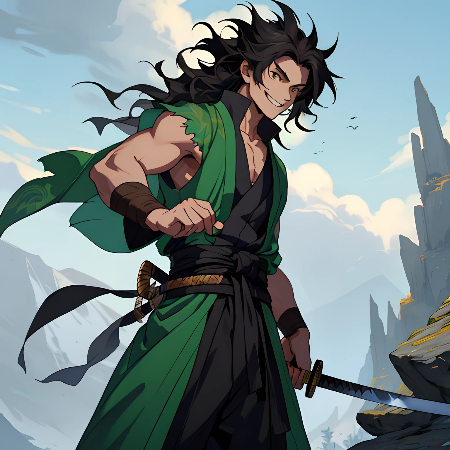 ((best quality)), ((ultradetailed)), ((masterpiece)), best quality (katana: 1.4), serious,(at night: 1.4), a 15-year-old who has his hair in black, long that is loose in the wind, his hair is continuous and poured down his body, smooth and shiny, which falls gently to the waist. Your hair is thick and has a healthy appearance, your hair is large and not stuck, contrasting with your fair skin. The young man's eyes are emerald green, and are deep, expressive, and intense like two clear pearls. They reflect calm and an inquisitive curiosity. He has a big smile on his face and a watchful eye. With his upright posture, the young man shows a confident bearing and a cheerful and hyperactive aura. He wears a black and green printed kimono with brown, sleeveless cloud-shaped details made of a quality fabric. giving him the look of a swordsman. At his waist, he carries a white katana with gray details on the blade. The long, sharp blade is made of polished steel, its coloration is white, and it is reflecting light. The scabbard of the sword adorned with demonic symbols. He's on a rocky mountain feeling the wind. He has a cheerful face. He has a large torn brown scarf around his neck. The trees sway in the background. Kimetsu no Yaiba style, alone, 1boy, demon slayer style, loose hair, petulant look, smiling, confident, only 1, spilled hair, loose and big hair, demon slayer artstyle