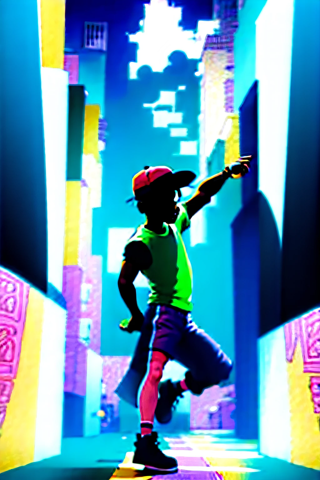 coloring page for kids, b-boy dancing in street alley, cartoon style, low detail, thick lines, no shading -ar 9:11