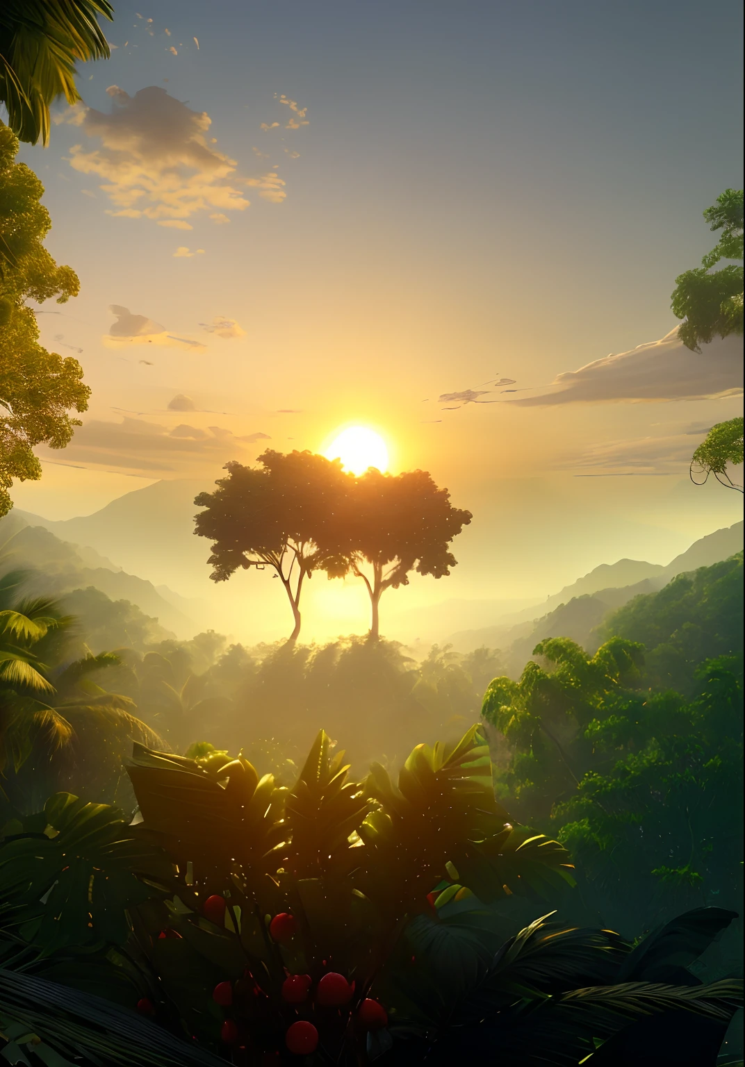 Create an ultra-realistic 8K image of a tropical vegetation landscape with abundant laden fruit-bearing trees, featuring two leafy trees distant, isolated atop a distant hill, shrouded in shadows from being in front of the rising sun, while many other fruit-bearing trees dominate the lush foreground, rich in detail.