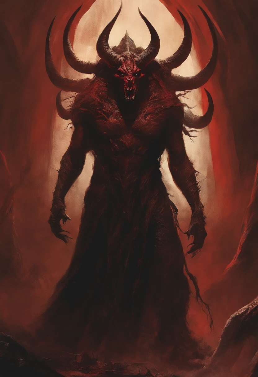 a goat-headed demon with large horns, strong and strong upper body, demon skins, skins, ((claws, wings)), demonic armor, blood splatters, skulls on the ground, standing in a blood ritual, medieval, dark room, dim light, masterpiece, realistic, oil painting