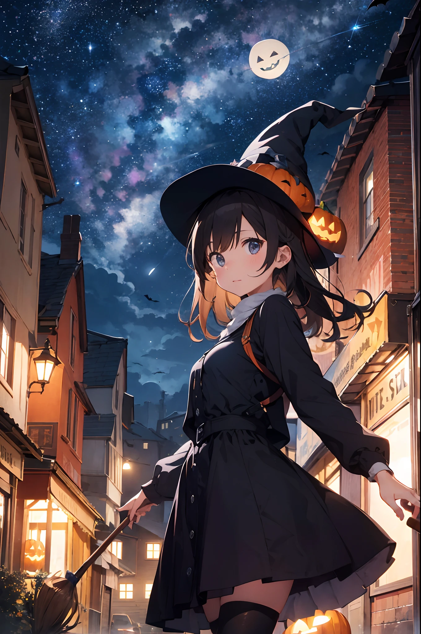 masuter piece、top-quality、32K、8K、Official art、Halloween、the witch、Ride a broom、nigh sky、flying though the air、Ghost pumpkin、You can see a big full moon in the colorful starry sky、You can see buildings and city lights at the bottom of the screen.