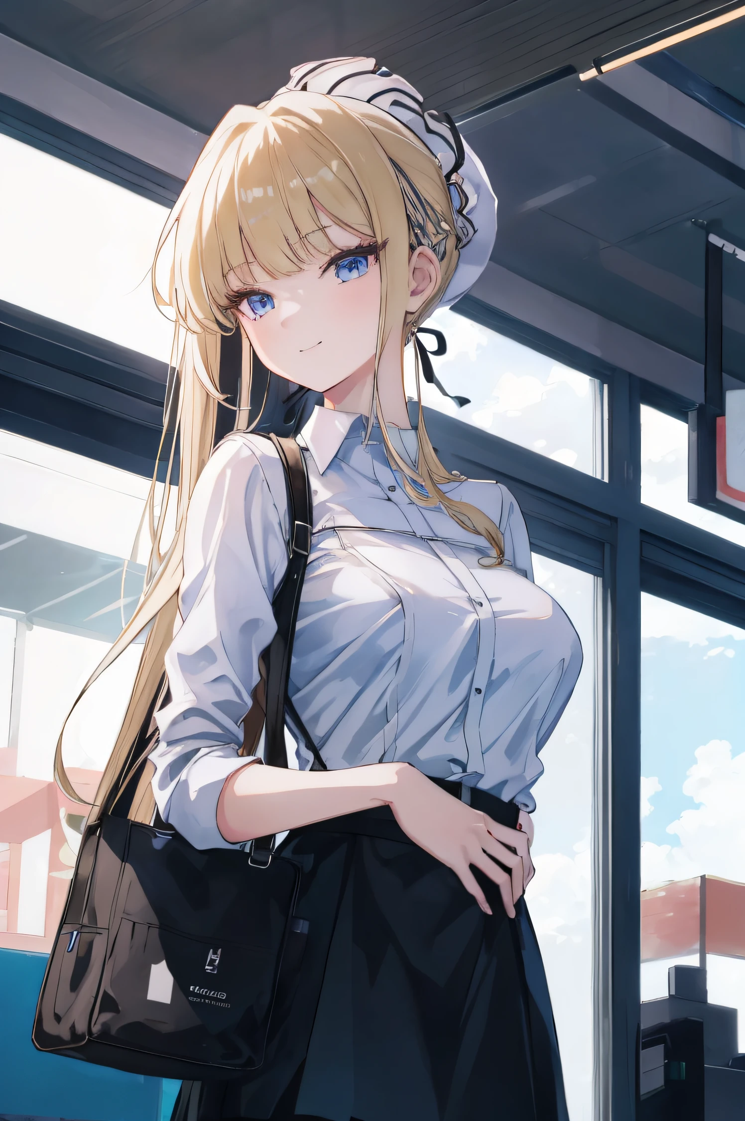 (masterpiece, best quality, detailed),1girl, tokidef,blonde hair,  a white shirt and black skirt, smooth anime cg art, attractive anime girl, seductive anime girl, (sfw), teasing smile, clean detailed anime art,high resolution, (perfect hands, perfect anatomy),