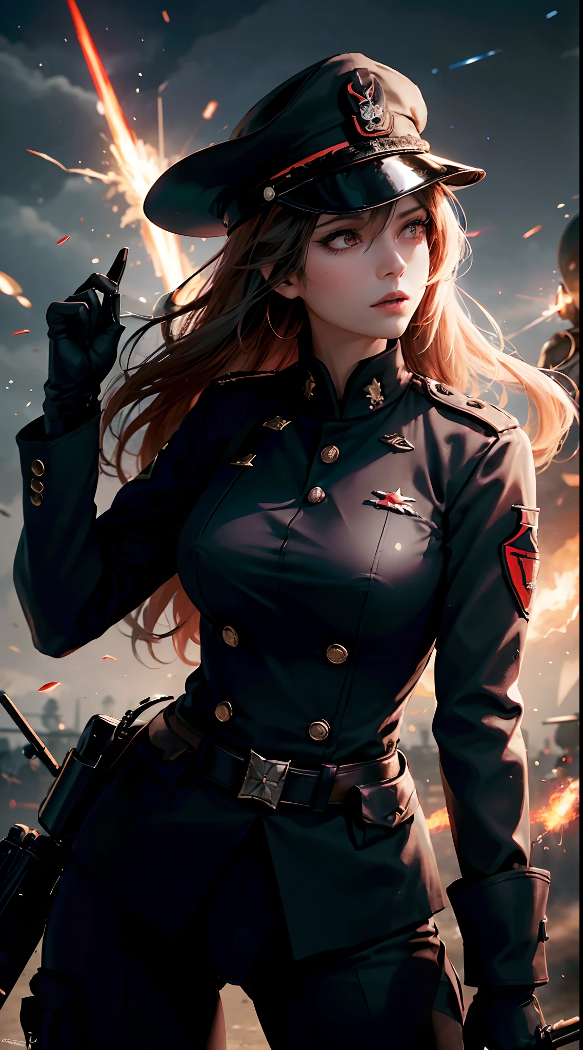 Woman holding stick, general ww2 black suits, general black panties ww2. General black ww2 bra, general ww2 black hats, elegant. tanks and soldiers in the background,red blood element,hd light and dark, balance rendering, HD lighting and dark )<=(epic image quality)dark atmosphere with bright particle light(many effects in background)