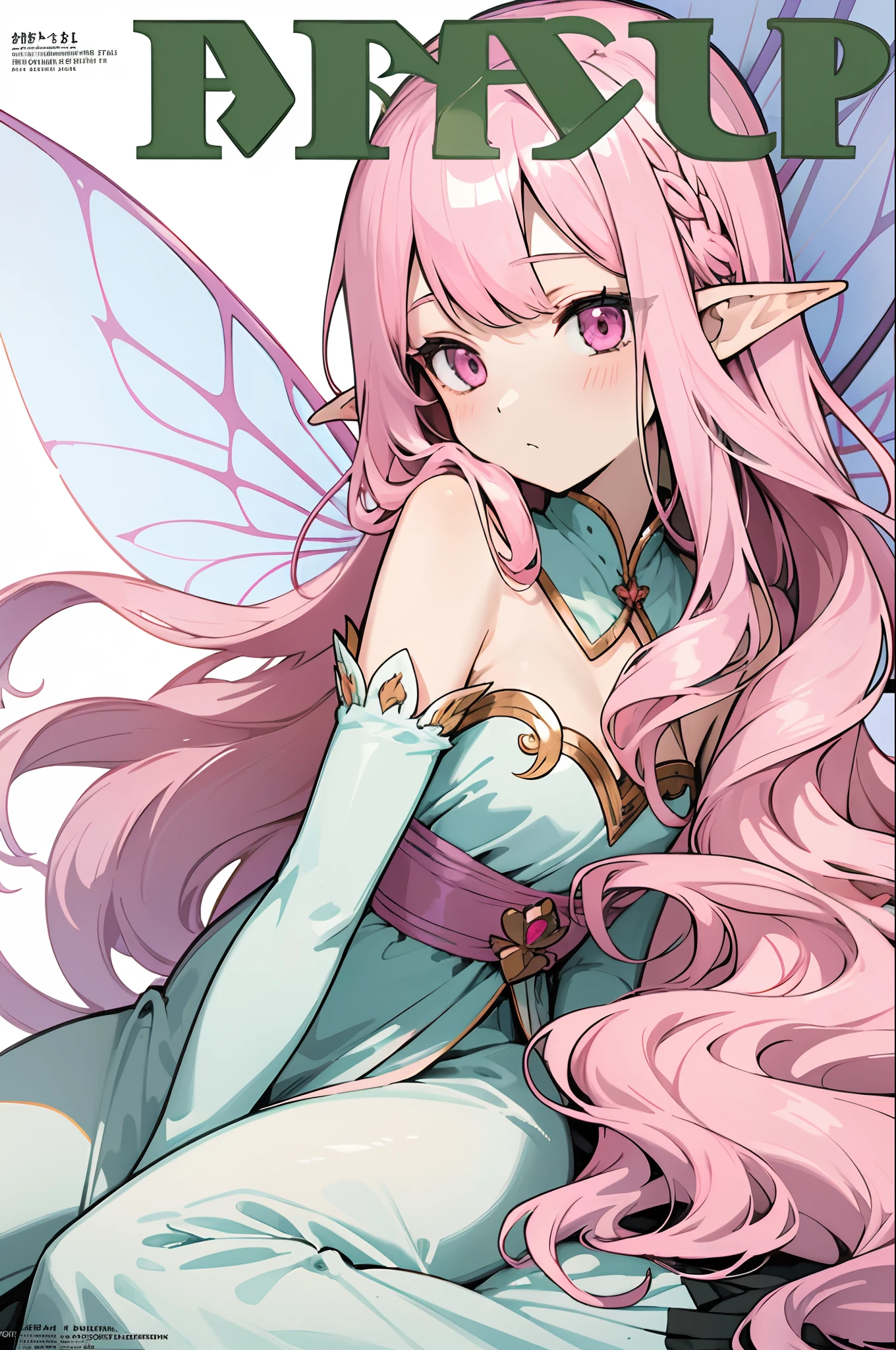 (masterpiece, best quality) detailed, 1man, (magazine cover, text, clean font, sharp text), Beautiful woman , very long hair , wavy hair , pink eyes , pink hair , pale skin , elf ears , ((has fairy wings:1 )), age 23