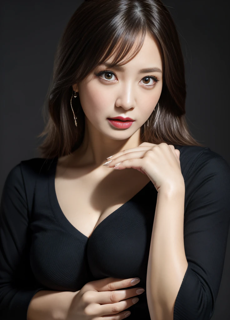 masterpiece,best quality, (one milf), ((portrait:1.5)), ((look down, looking at the viewer)), makeup, elegant black shirt, touch own chest, ((seduction expression)),