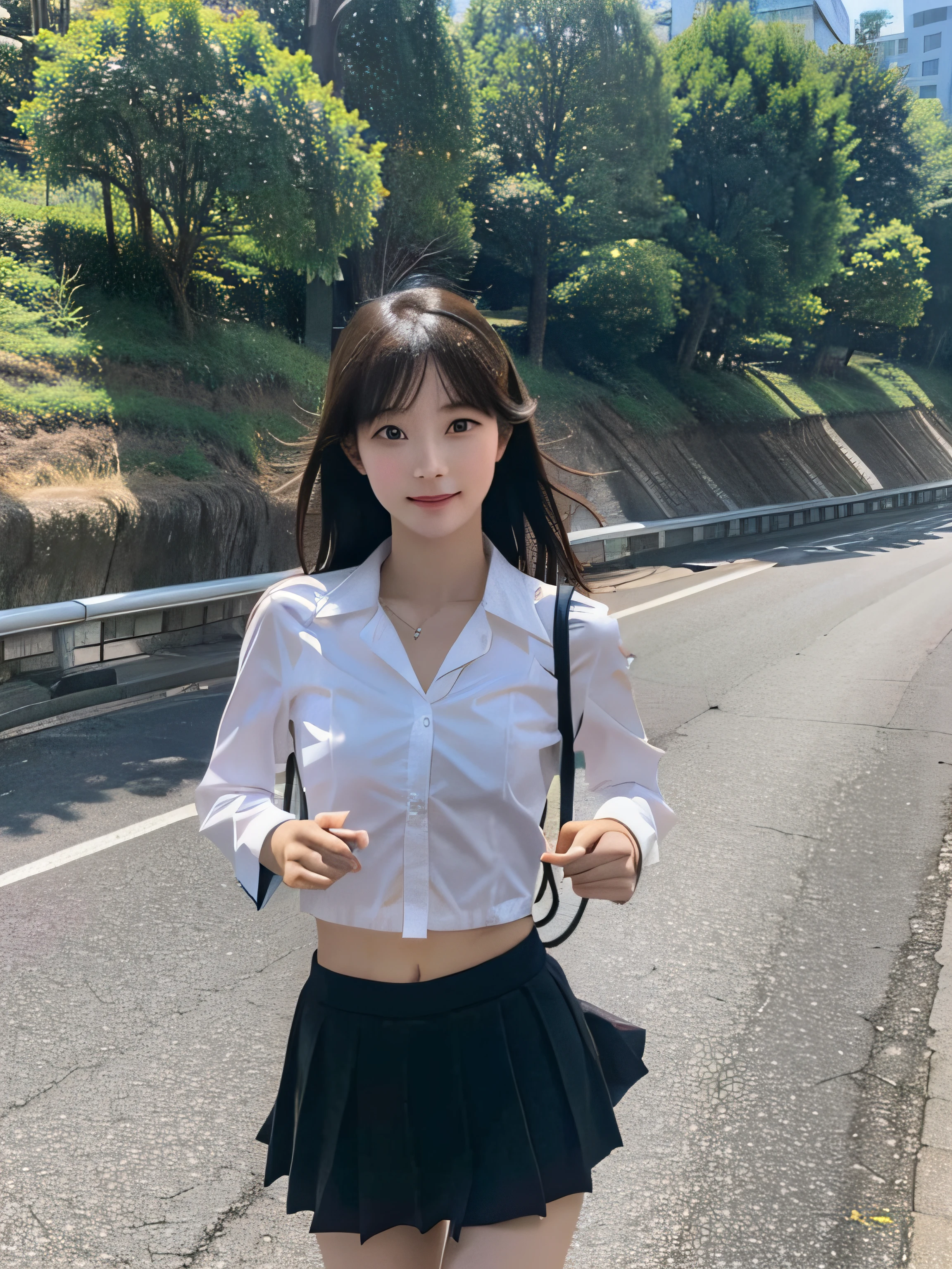 top-quality、8k picture、1 Japan schoolgirl、slenderbody、student clothes、Running on a bike in a miniskirt、Road along the river