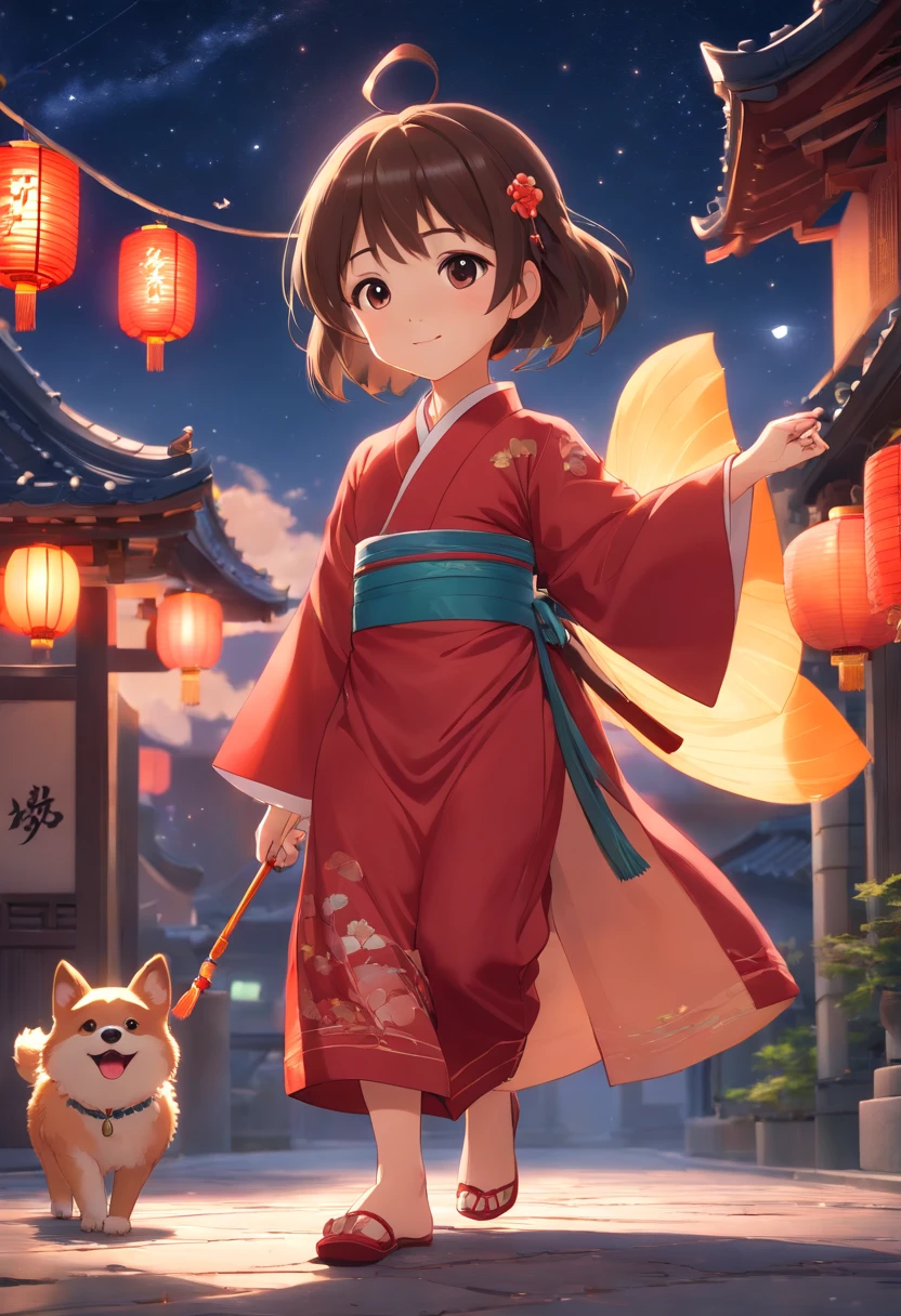 A super cute little anthropomorphic femile dog dressed in red Chinese Hanfu in pixar style, she is a princess，she is walking，She looked around and enjoyed the scenery，she enjoyed the Celebration of the mid-autumn Festival，The background is the starry sky and Full Moon， big charming eyes,cute tail,super realistic,super detail,luxurious,elegant,gorgeous,Unreal Engine,octane render, 8K,V-RAY，super realistic