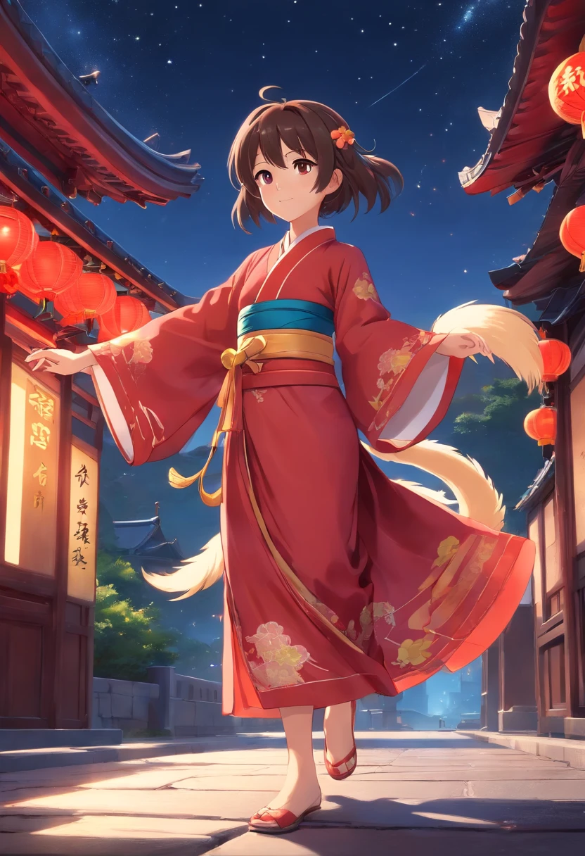 A super cute little anthropomorphic femile dog dressed in red Chinese Hanfu in pixar style, she is a princess，she is walking，She looked around and enjoyed the scenery，she enjoyed the Celebration of the mid-autumn Festival，The background is the starry sky and Full Moon， big charming eyes,cute tail,super realistic,super detail,luxurious,elegant,gorgeous,Unreal Engine,octane render, 8K,V-RAY，super realistic
