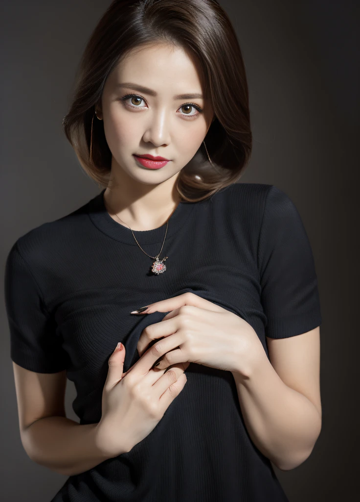 masterpiece,best quality, (one milf), ((portrait:1.5)), ((look down, looking at the viewer)), makeup, elegant black shirt, touch own chest, ((seduction expression)),