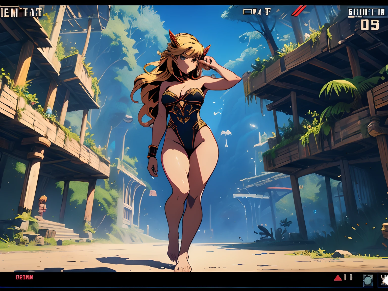 medium long shot of a pixel style video game with a scantily clad blonde female amazon in skimpy clothes on a platform, she is wearing a primitive strapless jungle leotard thong, she has long wavy blonde hair, she has bare feet, beautiful feet, lo-fi retro videogame, videogame still, 2D digital video game art, 1988 video game screenshot, video game still, 8bits videogame, video game texture, video game screenshot, videogame style, screenshot from the game, 2D platformer, 2D game, 2D sidescrooling platformer,