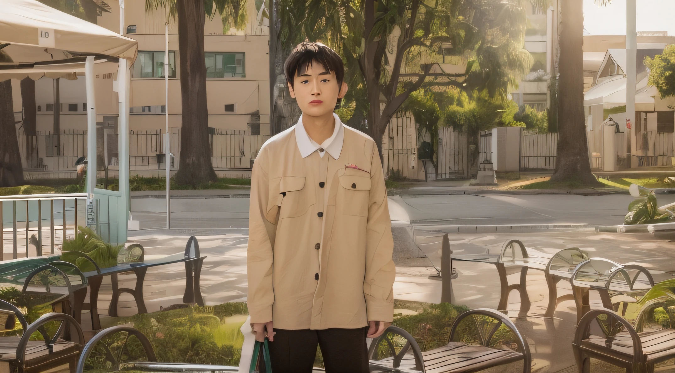 there is a man standing in front of a park bench, wear's beige shirt, uniform off - white sky, mid shot portrait, taken at golden hour, wearing off - white style, photo portrait, album art, basic, profile pic, 4 0 9 6, streetwear, thawan duchanee, album photo