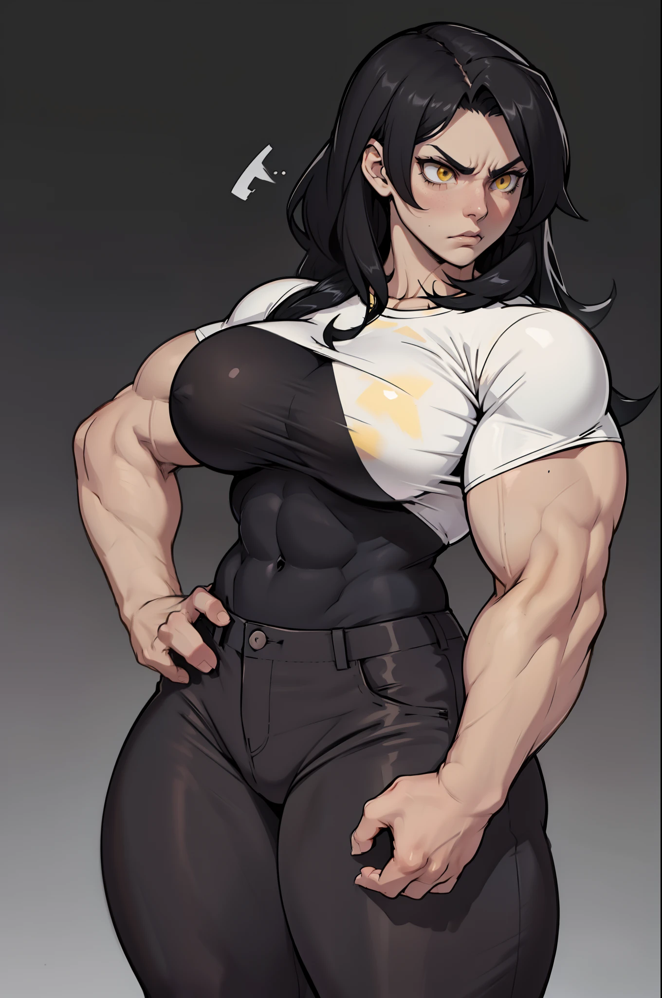 (((((muscular))))) 1 girl (thick thighs) (thin waist) (huge breasts) pale skin black hair very long hair yellow eyes toned body angry ((grey background)) solo tight shirt tight pants