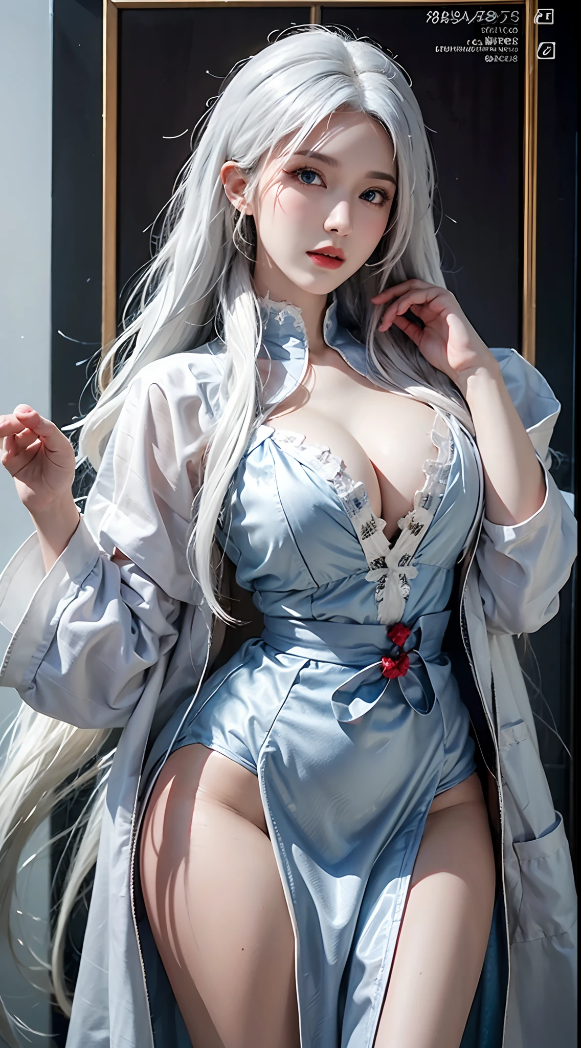 photorealistic, high resolution, soft lights, 1women, solo, hips up, blue eyes, white hair, long hair, blue eyes, red lips, jewelry, hanfu