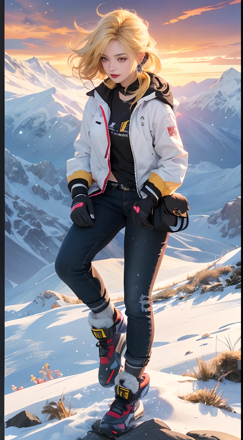 1girl, yellow hair, white jacket, black t shirt , black short jeans , round earings, red lips , standing on a snowy capped mountains, dazzling sunset, Sunset light streaks, top to bottom view, highly detailed, cinematic , trending on Pixiv, digital illustration, sexy woman, athletic physique, exposed cleavage