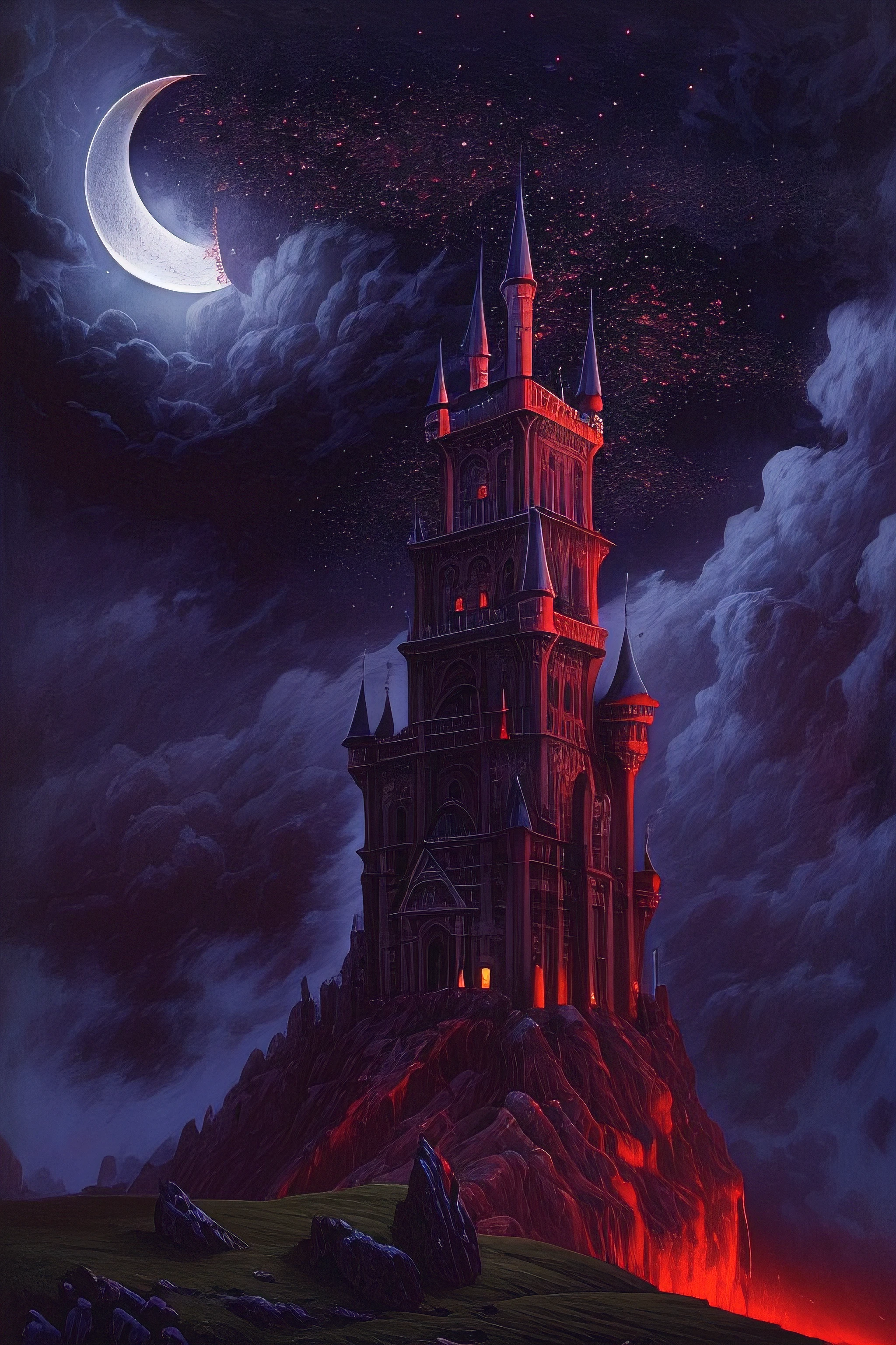 waterfall of (blood) cascading down a gothic castle on a cliff at night, moon, clouds, low angle shot, digital illustration, detailed, high resolution, high quality, 8k, high saturation, (style of Zdzislaw Beksinski)