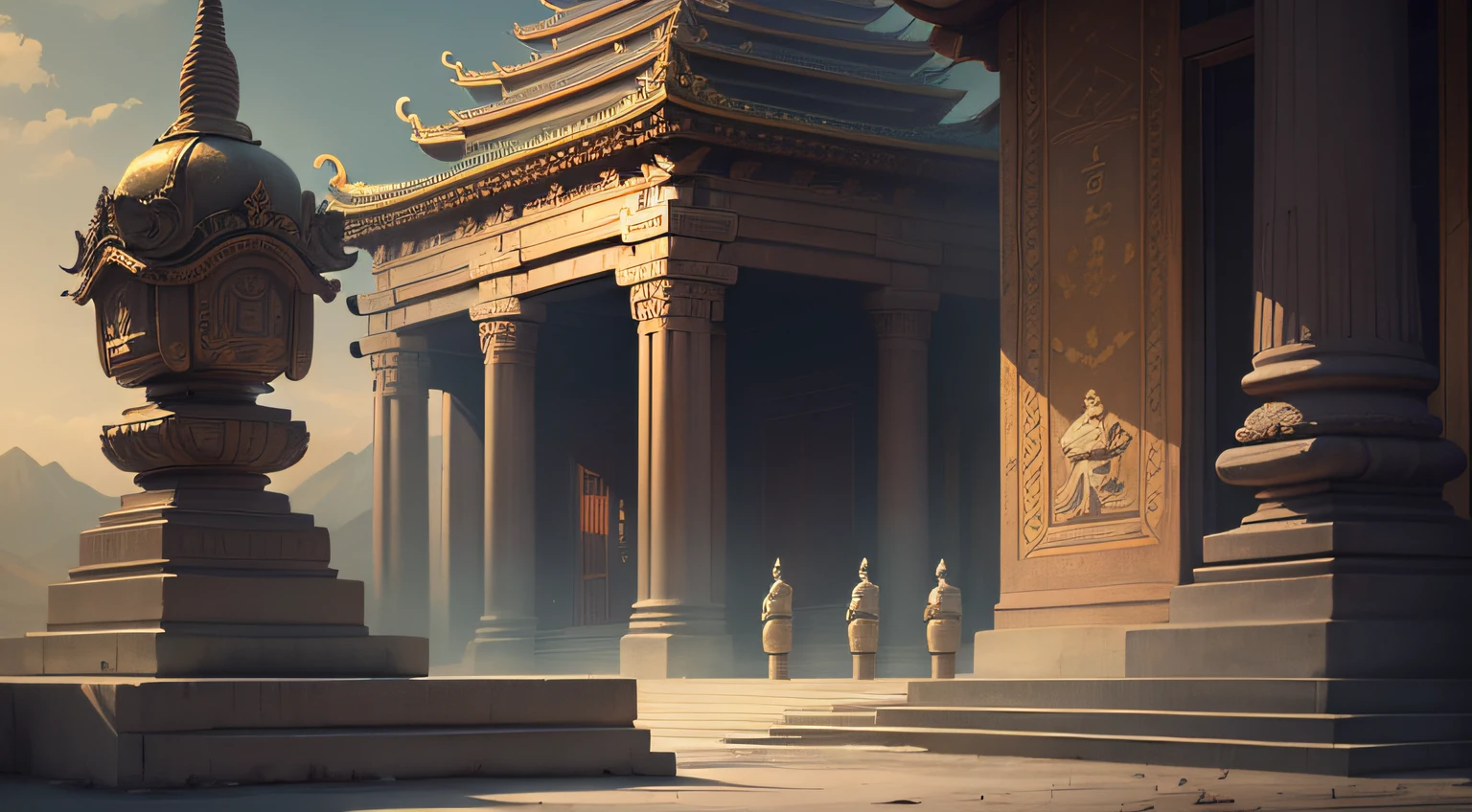 The temple's serene atmosphere surrounds them, and there's a glimpse of the deity's statue in the background.