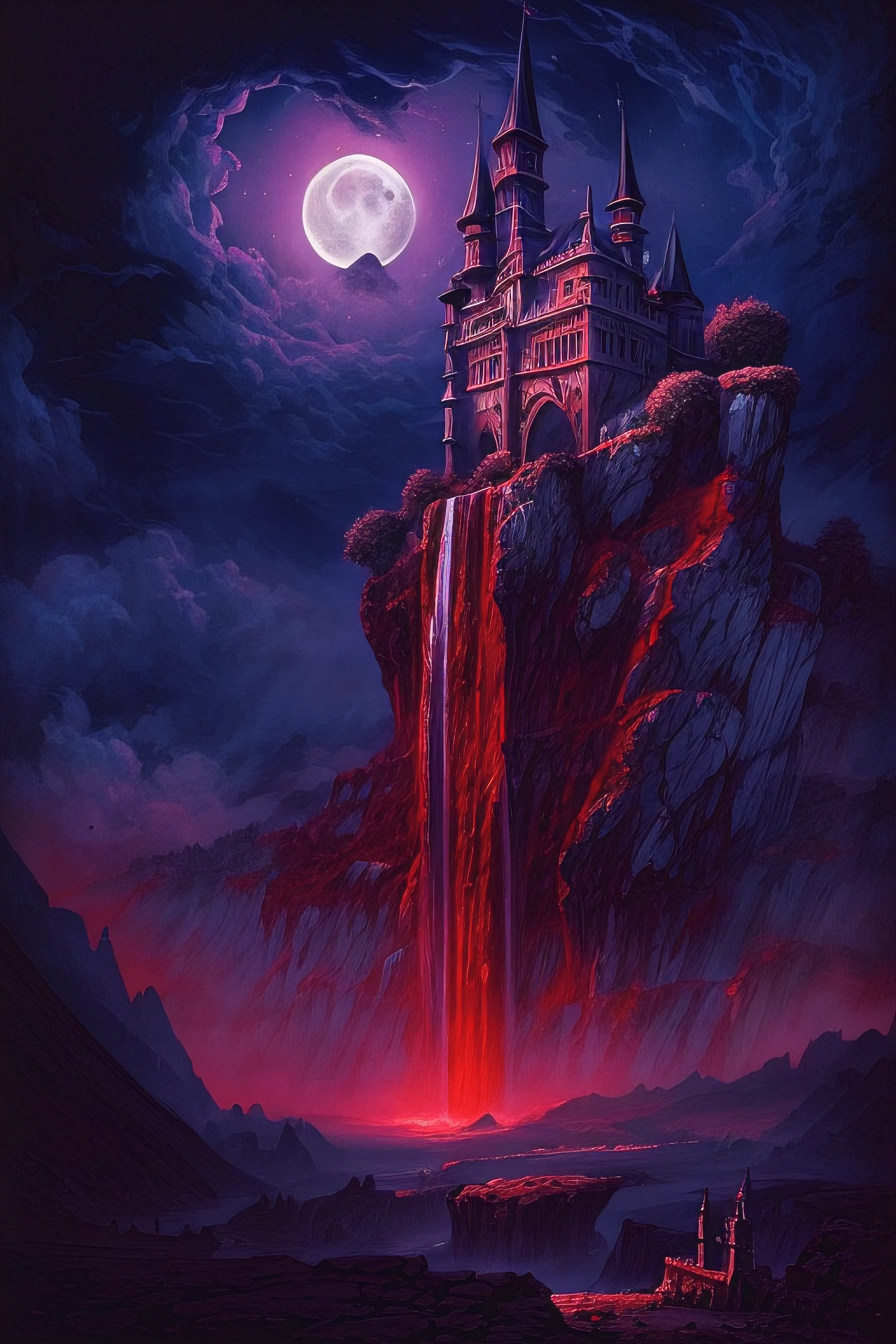 waterfall of (blood) cascading down a gothic castle on a cliff at night, moon, clouds, low angle shot, digital illustration, detailed, high resolution, high quality, 8k, high saturation, (style of Zdzislaw Beksinski)