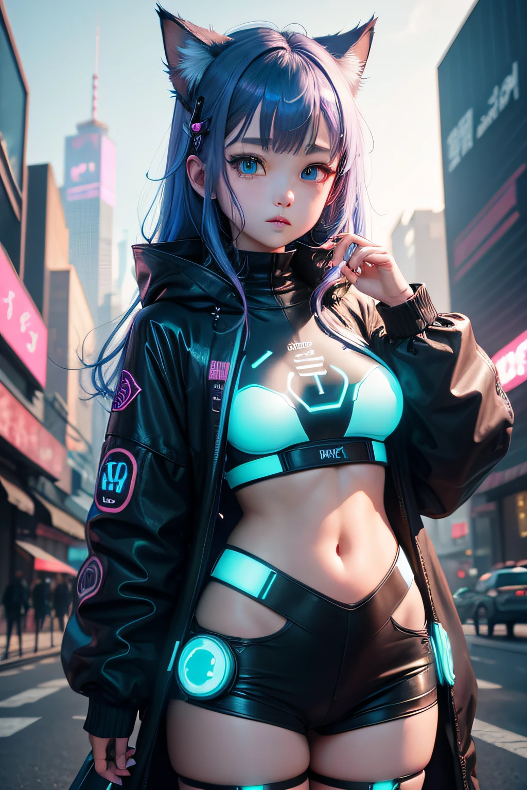 Futuristic cat-eared girl character、Draw Aimira。She has neon blue eyes.、Wearing cyberpunk-inspired accessories。Clothing is made of hologram material、It is designed in the image of IT technology.。The expression is curious、Please express a cheerful and energetic appearance。The backdrop is the futuristic city of neon Tokyo、Keep futuristic buildings and digital elements visible。an oil painting、8K、