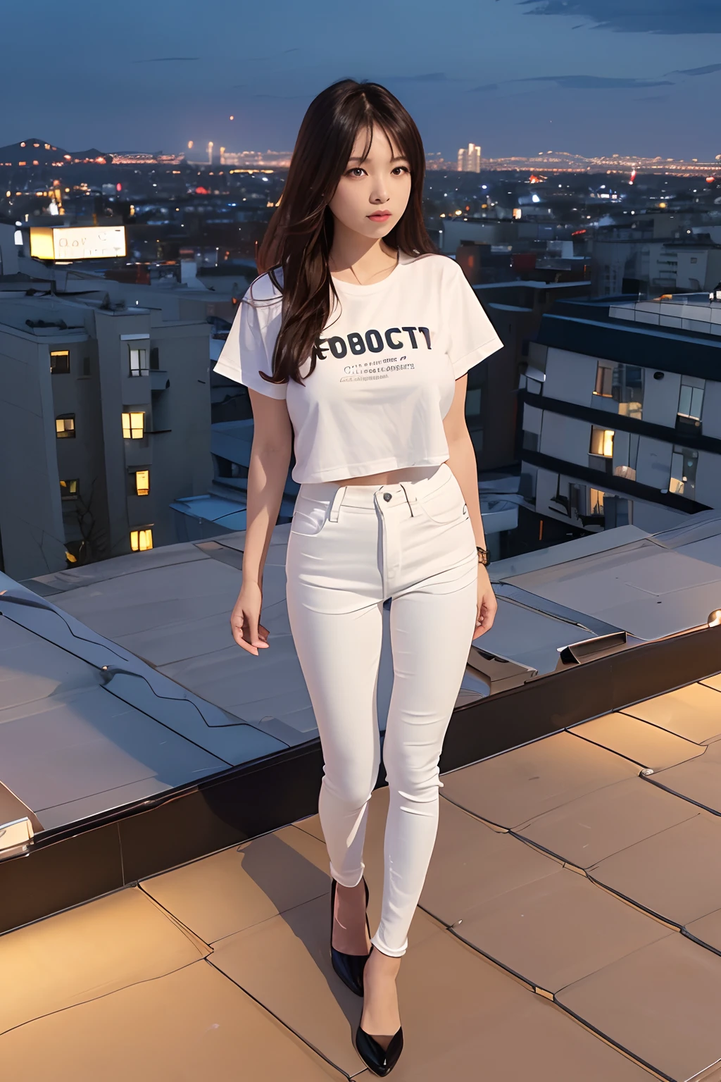 ((mid night、top-quality、8K、​masterpiece:1.3)), full body Esbian, long legged, foco nítido:1.2, Beautiful woman with perfect body shape:1.4, Slender Abs:1.1, ((dark brown  hair、Colossal tits:1.2)), (White tight t-shirt、Tight skinny jeans 、is standing:1.2), ((Night City View、On the rooftop:1.3)), Highly detailed facial and skin texture, A detailed eye, 二重まぶた
