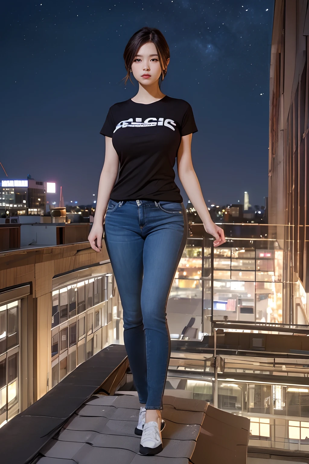 ((mid night、top-quality、8K、​masterpiece:1.3)), full body Esbian, long legged, foco nítido:1.2, Beautiful woman with perfect body shape:1.4, Slender Abs:1.1, ((dark brown  hair、Colossal tits:1.2)), (White tight t-shirt、Tight skinny jeans 、is standing:1.2), ((Night City View、On the rooftop:1.3)), Highly detailed facial and skin texture, A detailed eye, 二重まぶた