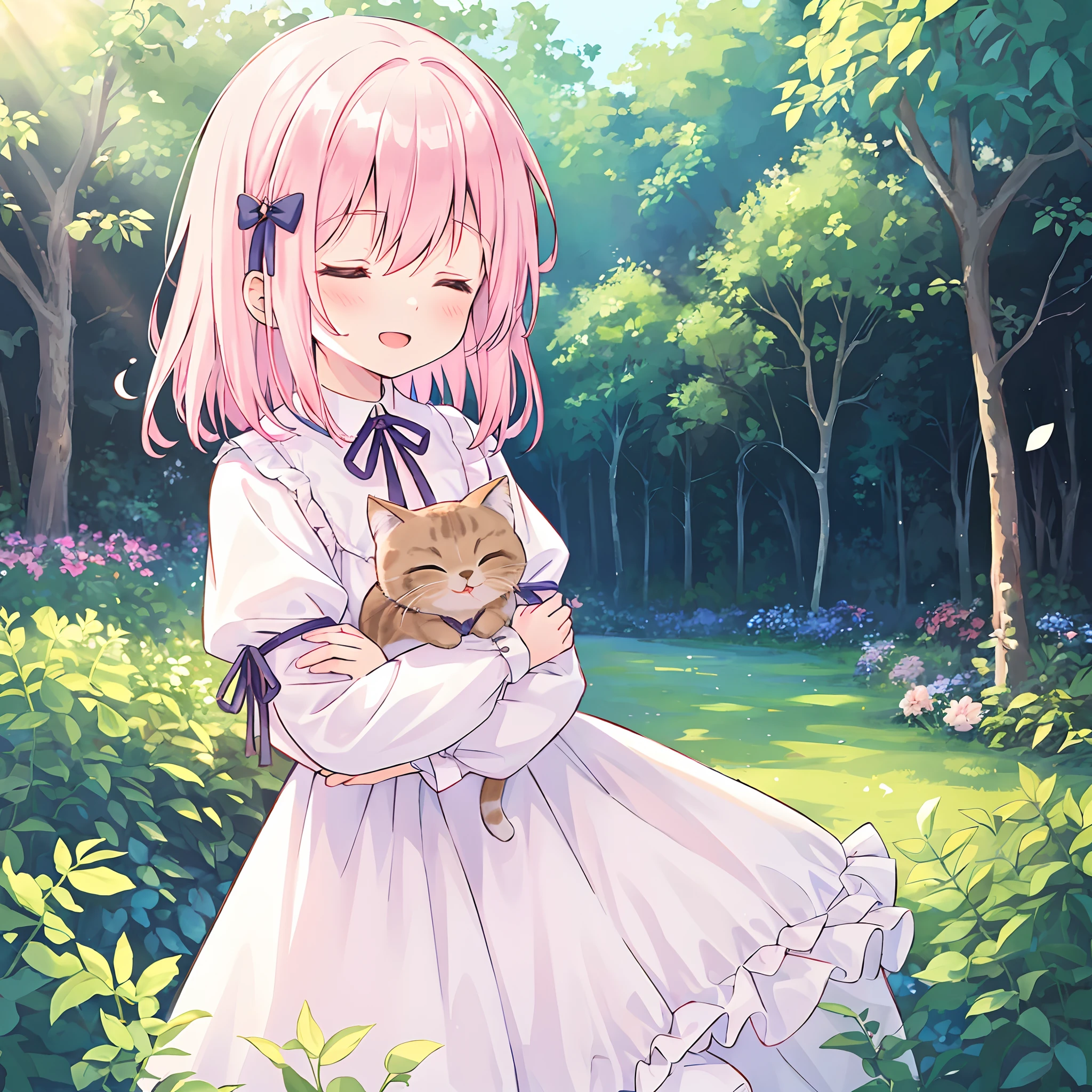 1 girl, solo, best quality, ultra detailed, minor, (happy:1.4), closed eyes,
pink hair, medium hair, looking away,
from front, from below, portrait, hugging the brown kitten, \(kitten has its mouth closed\),
white dress, blue ribbon, long sleeves, standing,
in the forest, flower garden, warm sunlight filtering through trees