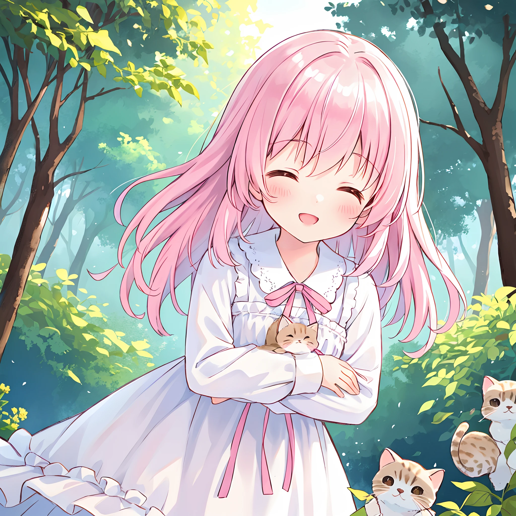 1 girl, solo, best quality, ultra detailed, minor, (happy:1.4), closed eyes,
pink hair, medium hair, looking away,
from front, from below, portrait, hugging the brown kitten, \(kitten has its mouth closed\),
white dress, blue ribbon, long sleeves, standing,
in the forest, flower garden, warm sunlight filtering through trees