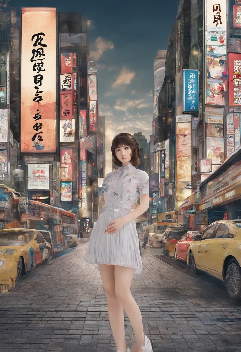 女の子1人、on tokyo street、during daytime、A city scape、city light、The upper part of the body、a closeup、Raw photography、top-quality、masterpiece、realisitic、Photorealsitic、in her 20s、年轻、tshirts