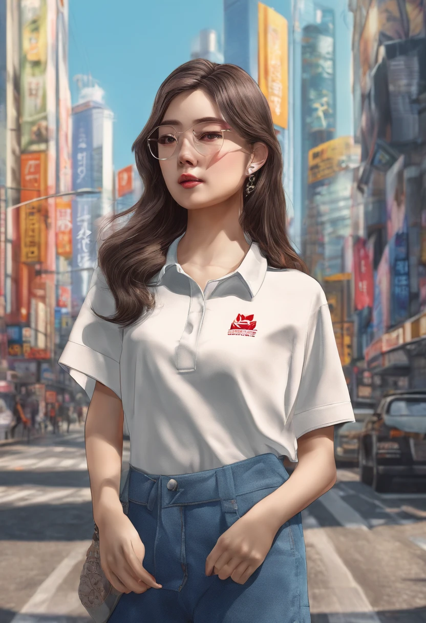 女の子1人、on tokyo street、during daytime、A city scape、city light、The upper part of the body、a closeup、Raw photography、top-quality、​masterpiece、realisitic、Photorealsitic、in her 20s、年轻、tshirts