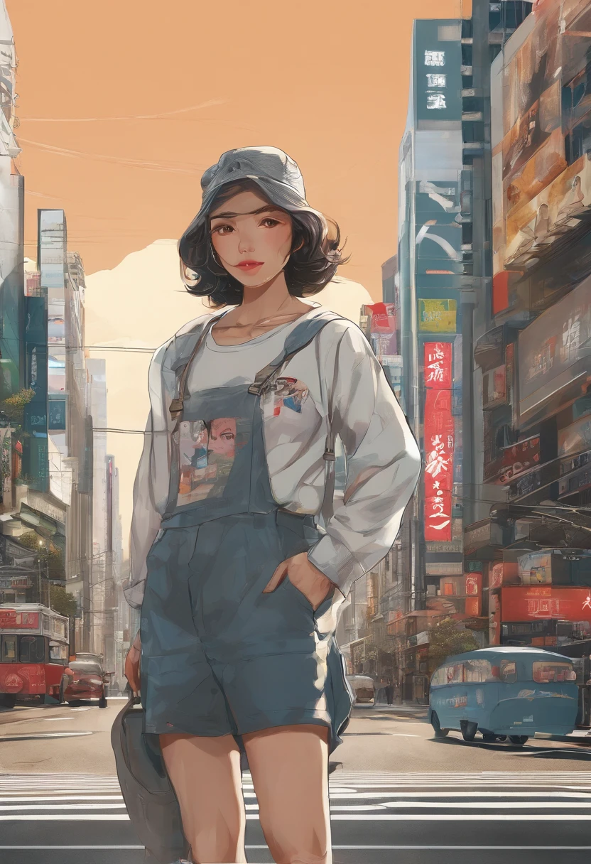 1人、on tokyo street、during daytime、A city scape、city light、The upper part of the body、a closeup、Raw photography、top-quality、masterpiece、realisitic、Photorealsitic、in her 20s、年轻、tshirts