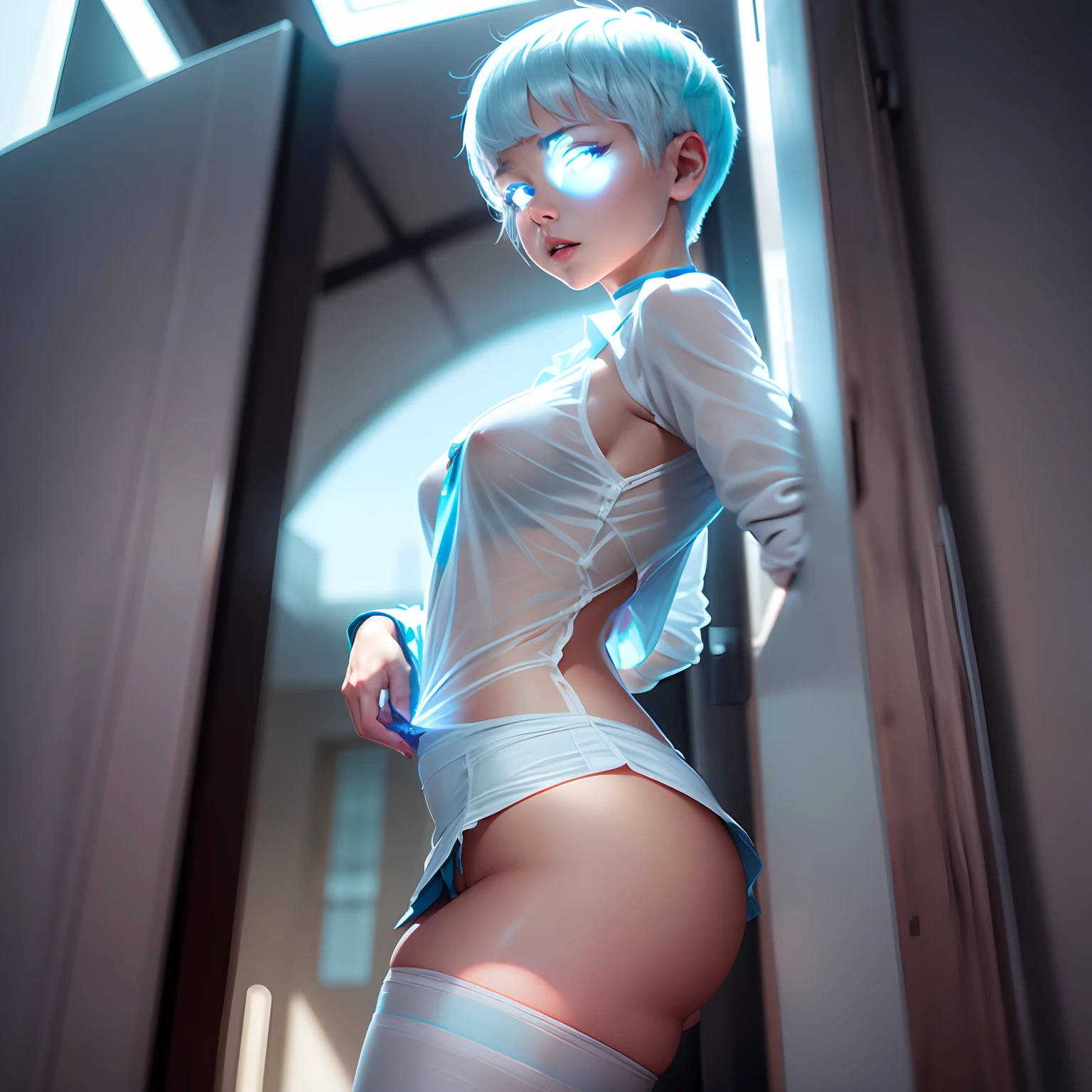 NSFW, Girl with a short haircut, white colored hair, cuteface, Cyan eyes, translucent stockings, white  shirt, short skirt, frontal view, Right angle of view, hiquality,higly detailed, 8K