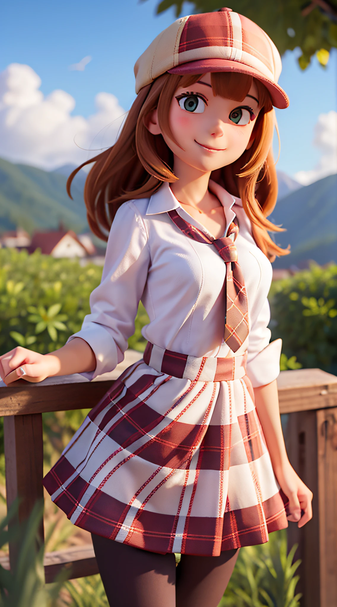 masterpiece, high quality best quality,1girl, bangs, beach, blue_sky, blush, bow, breasts, checkered, checkered_shirt, checkered_skirt, cloud, cloudy_sky, collarbone, day, envelope, giving, grass, hair_bow, heart, holding, holding_letter, horizon, incoming_gift, kazami_yuuka, leaning_forward, lens_flare, letter, light_rays, long_hair, looking_at_viewer, love_letter, mountain, mountainous_horizon, ocean, outdoors, plaid, plaid_background, plaid_bikini, plaid_bow, plaid_bowtie, plaid_bra, plaid_dress, plaid_headwear, plaid_jacket, plaid_legwear, plaid_necktie, plaid_neckwear, plaid_panties, plaid_pants, plaid_ribbon, plaid_scarf, plaid_shirt, plaid_skirt, plaid_vest, pov, shirt, skirt, sky, smile, solo, sun, sunbeam, sunlight, tree, unmoving_pattern
