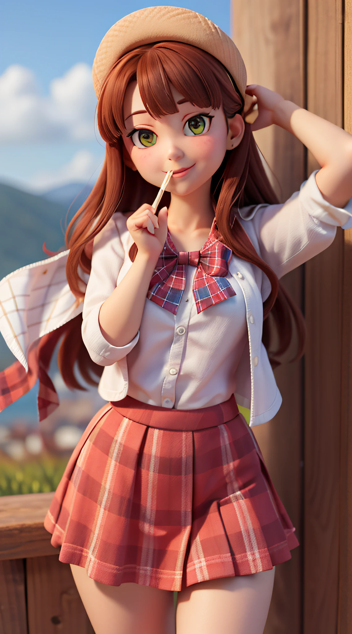 masterpiece, high quality best quality,1girl, bangs, beach, blue_sky, blush, bow, breasts, checkered, checkered_shirt, checkered_skirt, cloud, cloudy_sky, collarbone, day, envelope, giving, grass, hair_bow, heart, holding, holding_letter, horizon, incoming_gift, kazami_yuuka, leaning_forward, lens_flare, letter, light_rays, long_hair, looking_at_viewer, love_letter, mountain, mountainous_horizon, ocean, outdoors, plaid, plaid_background, plaid_bikini, plaid_bow, plaid_bowtie, plaid_bra, plaid_dress, plaid_headwear, plaid_jacket, plaid_legwear, plaid_necktie, plaid_neckwear, plaid_panties, plaid_pants, plaid_ribbon, plaid_scarf, plaid_shirt, plaid_skirt, plaid_vest, pov, shirt, skirt, sky, smile, solo, sun, sunbeam, sunlight, tree, unmoving_pattern
