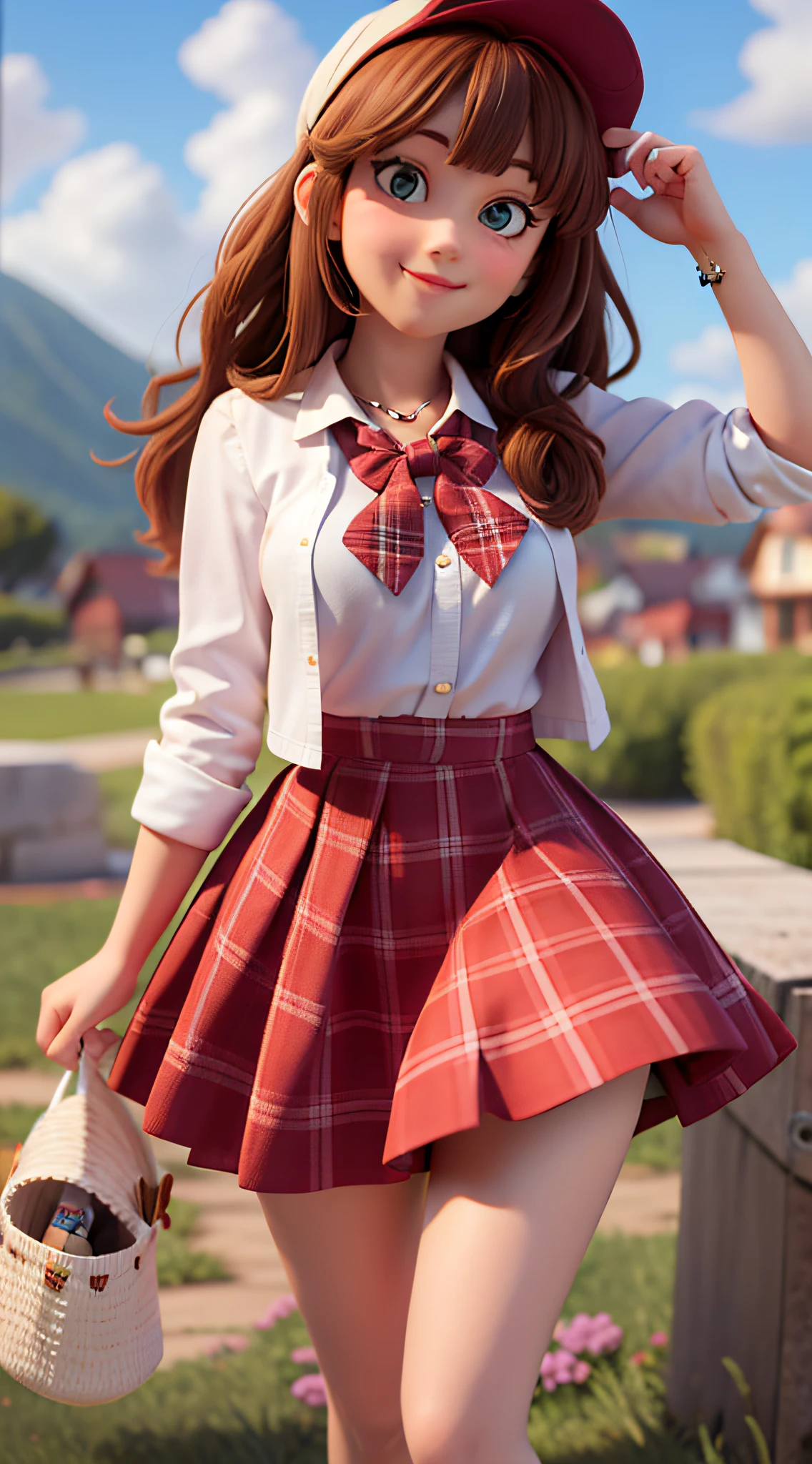 masterpiece, high quality best quality,1girl, bangs, beach, blue_sky, blush, bow, breasts, checkered, checkered_shirt, checkered_skirt, cloud, cloudy_sky, collarbone, day, envelope, giving, grass, hair_bow, heart, holding, holding_letter, horizon, incoming_gift, kazami_yuuka, leaning_forward, lens_flare, letter, light_rays, long_hair, looking_at_viewer, love_letter, mountain, mountainous_horizon, ocean, outdoors, plaid, plaid_background, plaid_bikini, plaid_bow, plaid_bowtie, plaid_bra, plaid_dress, plaid_headwear, plaid_jacket, plaid_legwear, plaid_necktie, plaid_neckwear, plaid_panties, plaid_pants, plaid_ribbon, plaid_scarf, plaid_shirt, plaid_skirt, plaid_vest, pov, shirt, skirt, sky, smile, solo, sun, sunbeam, sunlight, tree, unmoving_pattern