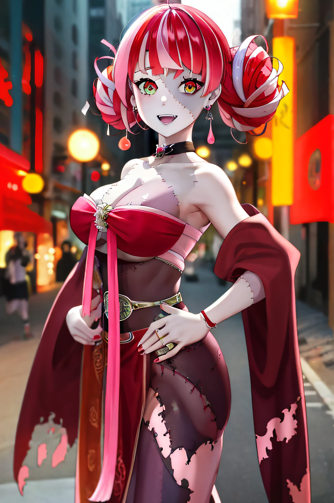 best quality, 4K wallpaper, masterpiece, extremely detailed CG unity 8k wallpaper, extremely detailed eyes, ultra-detailed, 1girl, solo, medium breasts, Ollie, zombie_skin, multicolored hair, multicolored eyes, twintail hair, earrings, style-bridal, outdoors, night, graveyard, looking at viewer, smile, standing, crossed legs, upper body,