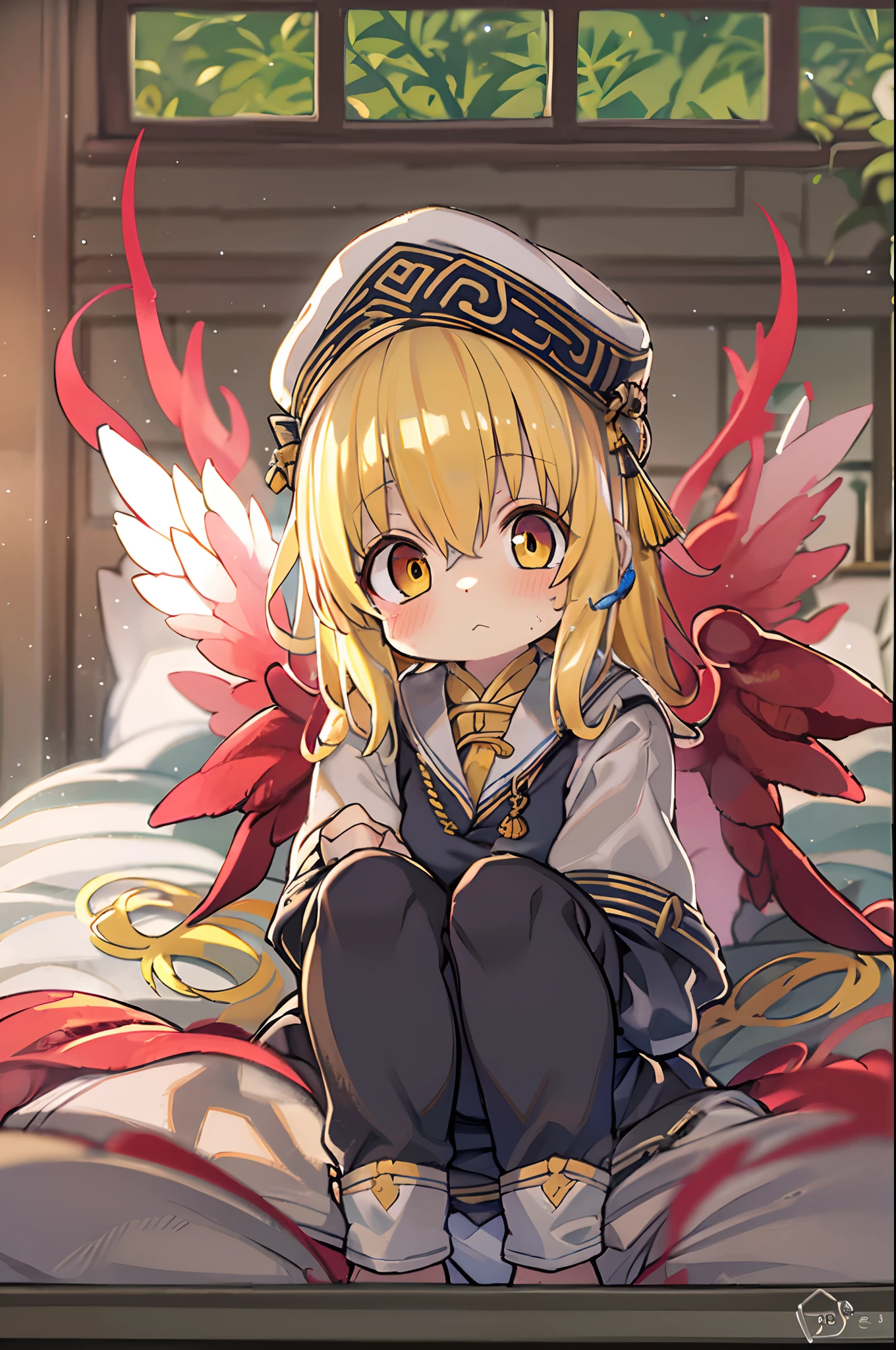 ORIENTAL PROJECT, Flanders Scarlet sitting on bed in JK uniform, Hands folded at the waist, Light yellow hair, Warm lighting, Blurred foreground, Cute, Lori, Anime, 4K, With Devil's Wings, shower cap, masutepiece, Upper body